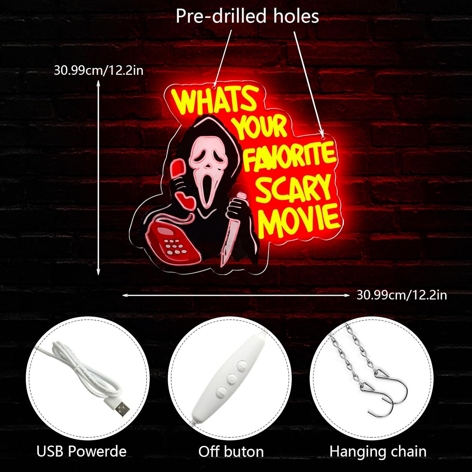 Horror-Inspired LED Neon Sign, USB Powered Acrylic Decorative Light with Mask-Themed Design and Bright Lettering, Indoor Wall Decor for Bedroom, Game Room, Home Bar, Party and Holiday Decoration-12.2×12.2 IN-USB Powered-Acrylic image 5