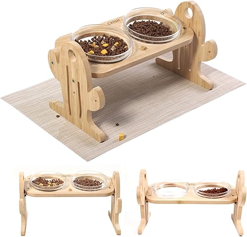 Miniatura 8 de Cuencos elevados para gatos con forma de cactus, cuencos inclinados para gatos con 2 cuencos de vidrio y alfombrilla antideslizante para alimentos y