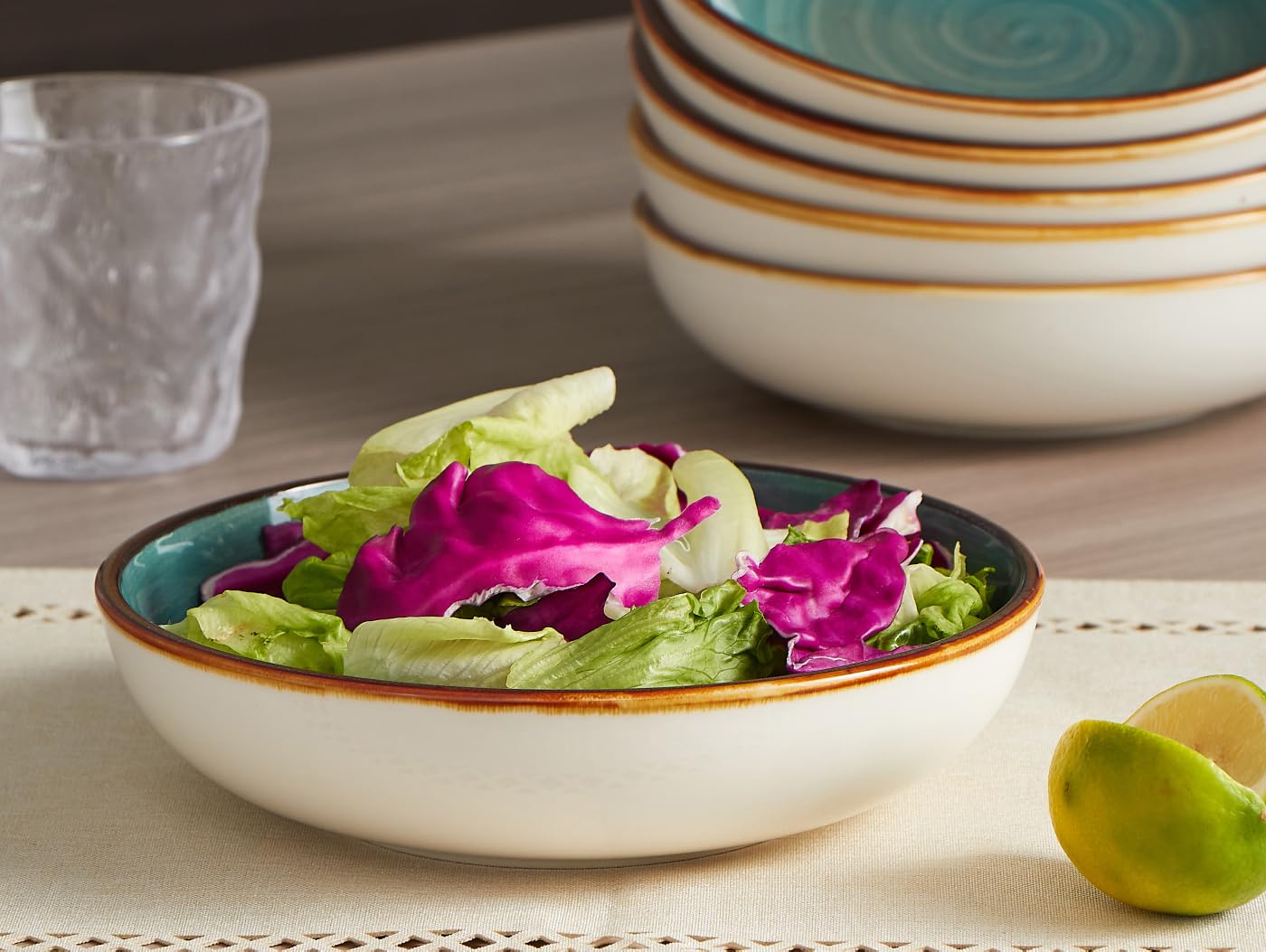 ONEMORE Juego de 6 cuencos de porcelana para ensalada y pasta de 30 onzas, cuencos de cerámica para ensalada, cuencos anchos y poco profundos para sopa, postre, pizza, vajilla de cocina apta para
