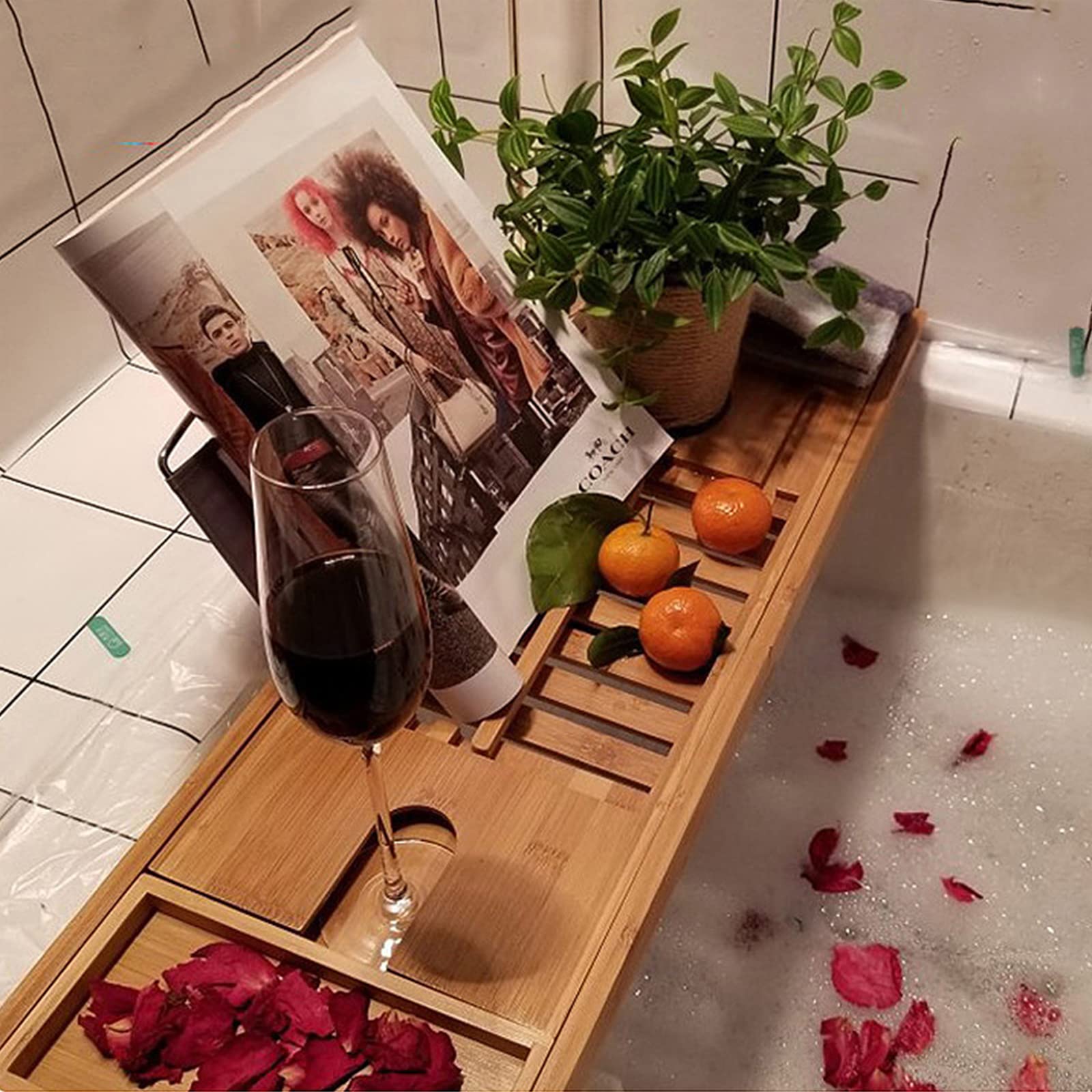 Bambusowa taca na wannę, rozszerzalna taca łazienkowa z stojakiem do czytania lub uchwytem na tablet, taca do kąpieli premium zawiera uchwyt na kieliszki do wina