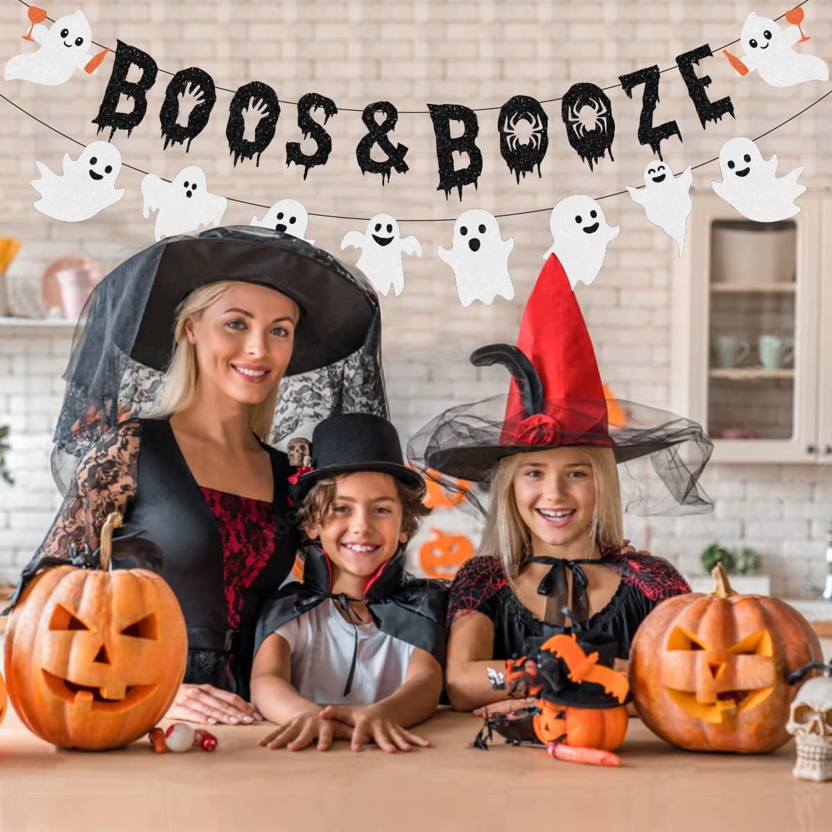 Boos & Booze Banner Halloween Ghost Hanging Decor Halloween Party Decorations Supplies Boos and Booze Ghost Glitter Garland