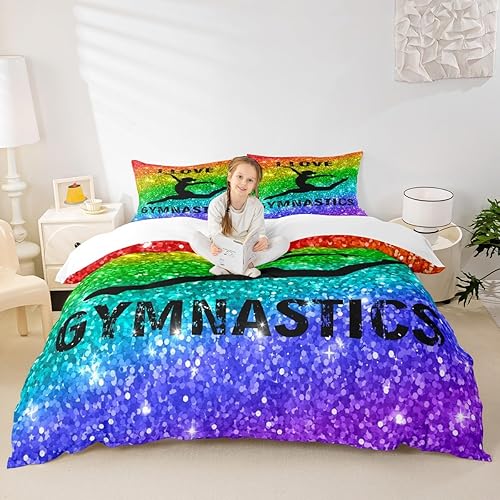 Miniatura 37 de Juego de funda de edredón para amantes de la gimnasia, tamaño Queen, silueta de gimnasta, juego de ropa de cama rosa para niños, adolescentes y