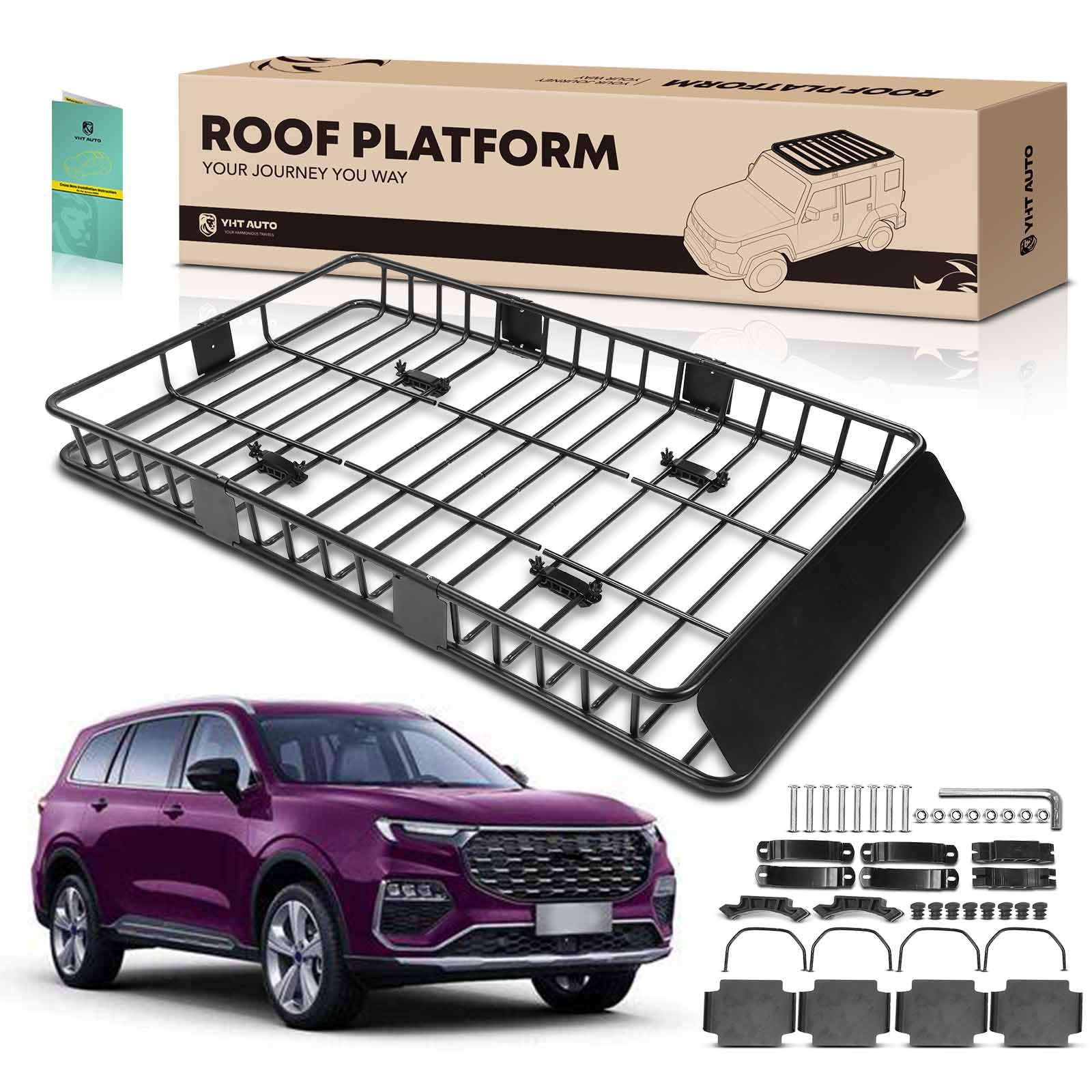 Photo 1 of YHTAUTO 64" x 39" x 4'' Universal Roof Rack Cargo Carrier Fit Car SUV, Steel Roof Rack Basket Anti-Rust Top Luggage Storage Holder Basket for Skiboard Kayak Bike Snowboard Rooftop Cargo Luggage