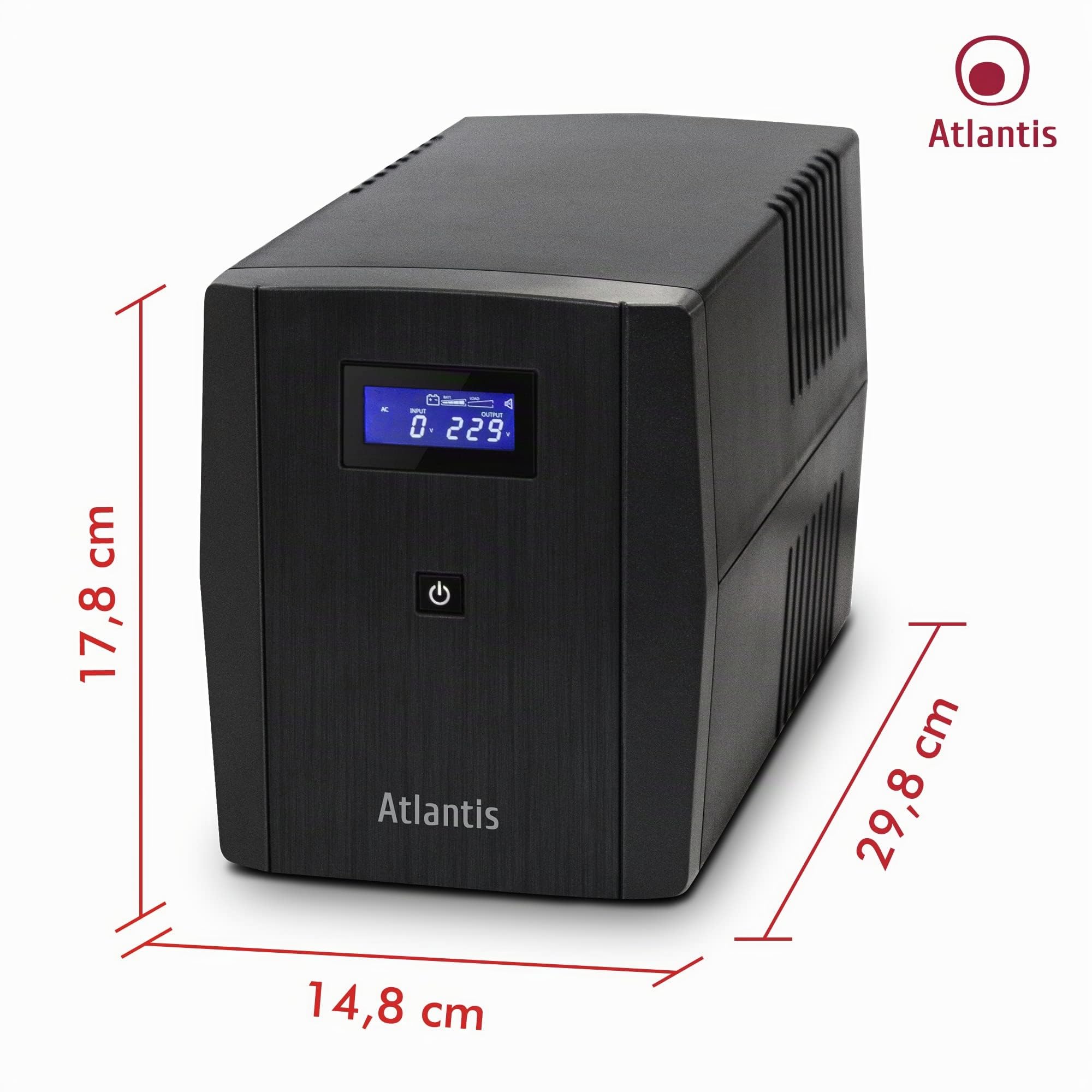 Atlantis OnePower 1200, USV Line Interactive 1200VA/700W, AVR, PseudoSinuswelle, 3 IEC-Steckdosen + 2 Schuko-Steckdosen, 2 Batterien 12 V 7 Ah