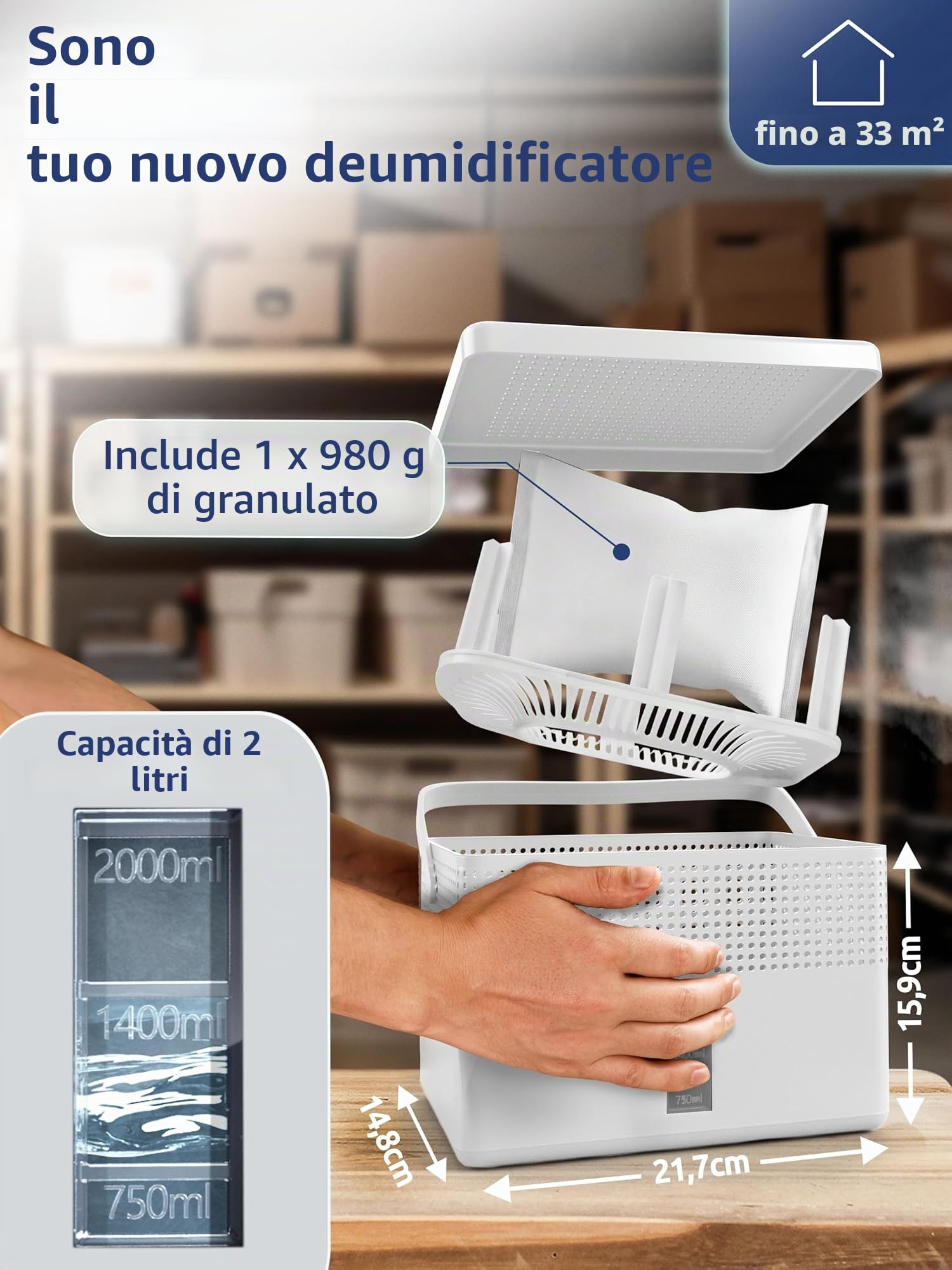BonAura® 2 x AirOne Max Deumidificatore senza elettricità fino a 33m² | Ventilazione a 360° | Deumidificatore con beccuccio e 980g di granulato deumidificante | Protezione da muffa e odori |