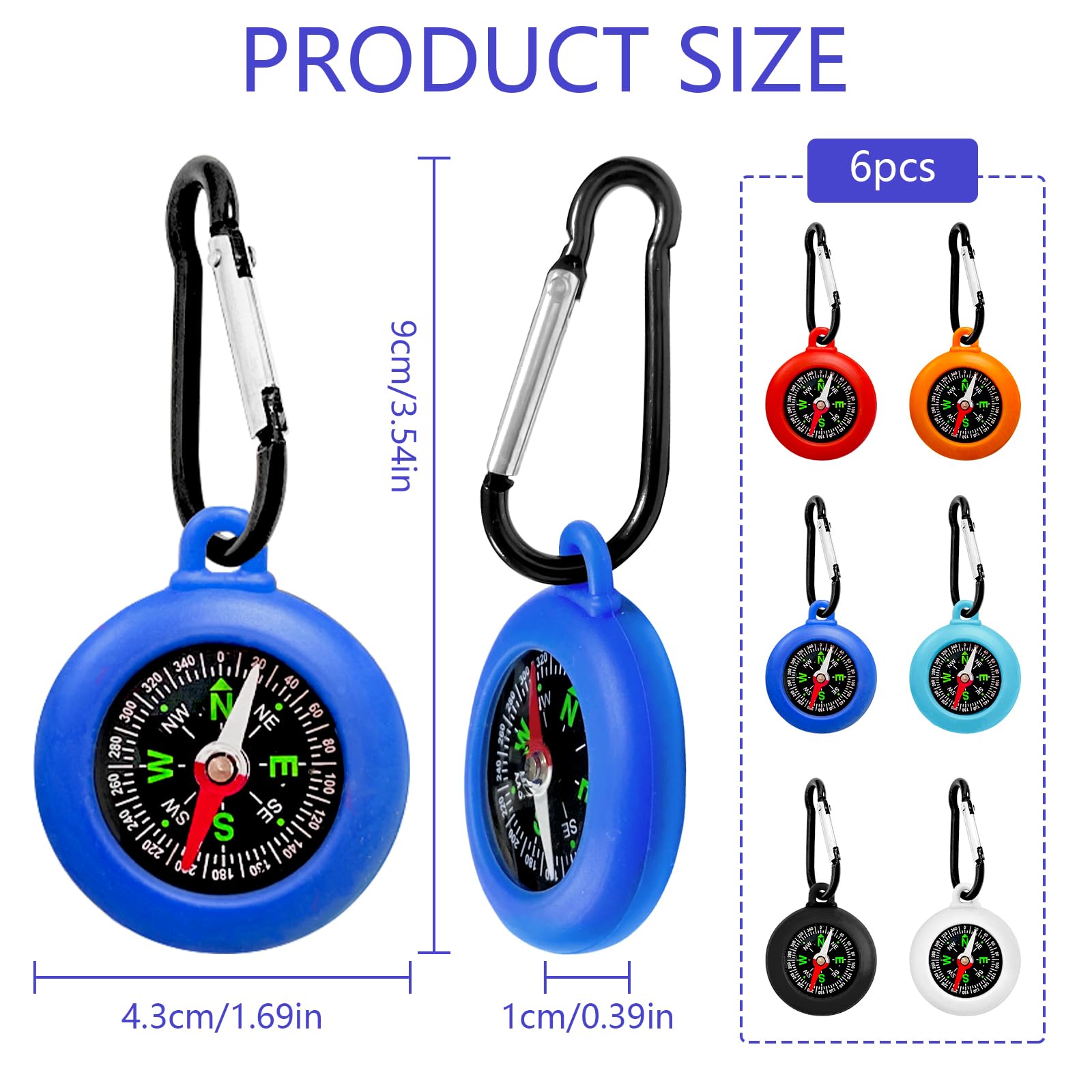 6 Pièces Boussole Enfant Porte clés, Mini Boussole Étanche avec Mousqueton pour Cadeau Anniversaire, Chasse au Trésor, Camping et Navigation en Plein Air