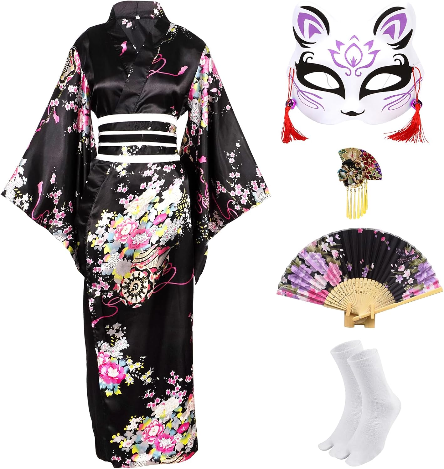 Kimonos for Women Japanese Dress Yukata Geisha Costume Fancy Robe Anime Cosplay Maid Outfit Mask Hand Fan Socks Set - Image 8