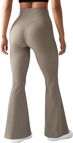 Miniatura 3 de RUUHEE Pantalones de yoga cruzados acanalados para mujer con bolsillos, cintura alta, acampanados, leggings acampanados