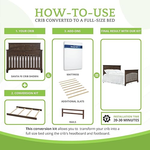 Vista 111 de Kit de conversión de tamaño completo, rieles de cama para cunas Evolur, kit convertible de cuna de madera maciza para cama de niños, rieles de Blanco