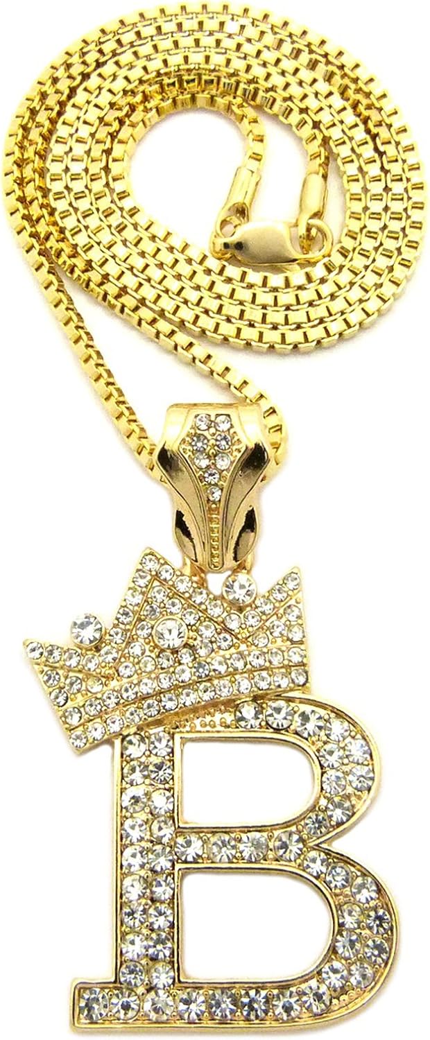 Fashion 21 Iced Out King Crown Alphabet Initial Pendant 2mm 24" Box Chain Necklace in Gold, Silver Tone (B - Gold)