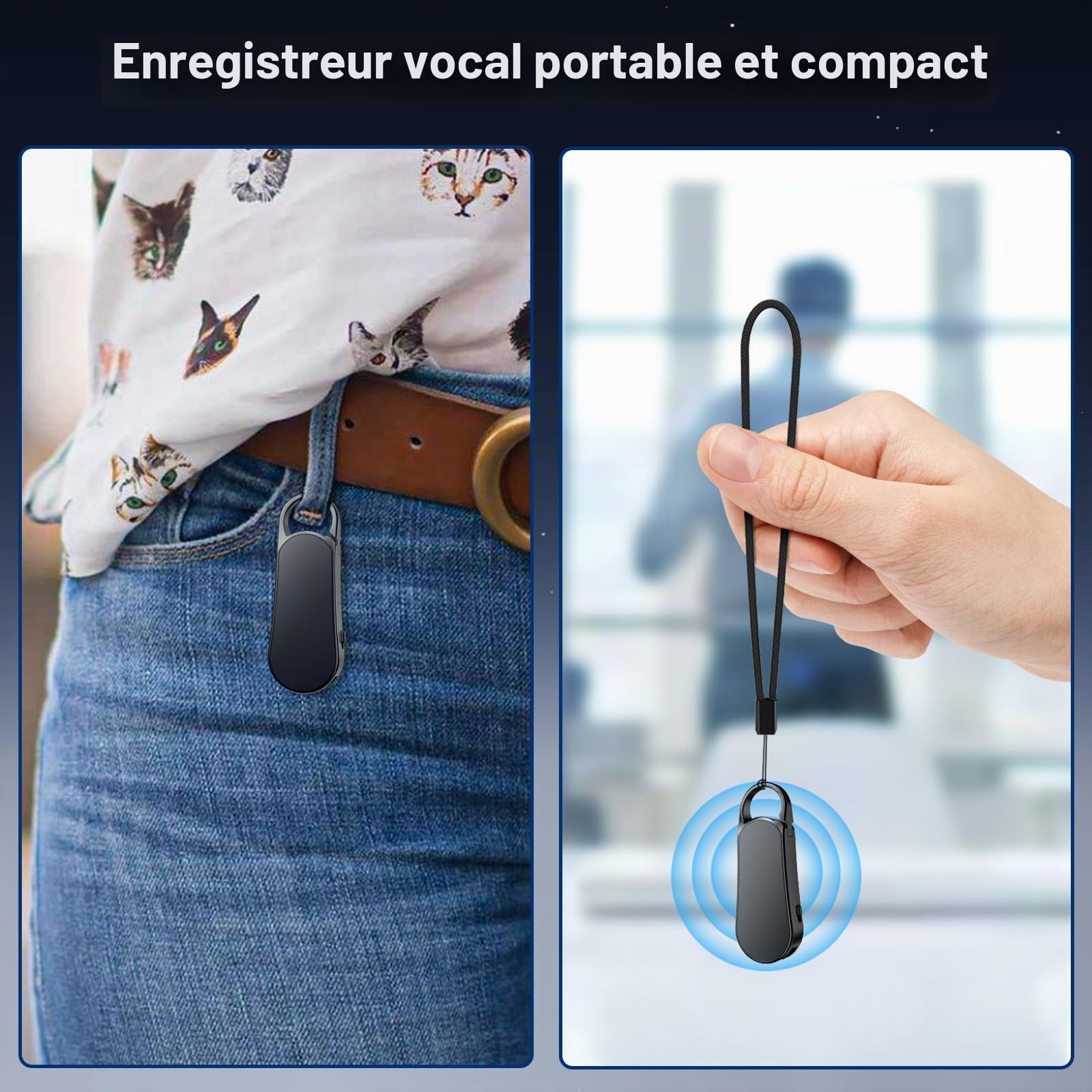 64Go Enregistreur Vocal Mini - Design Porte-clés, 35 Heures d'Enregistrement, Boîtier en Métal, Son Hi-FI 1536KBPS, Dictaphone avec Activation Vocale pour Interviews et Réunions (64GB)