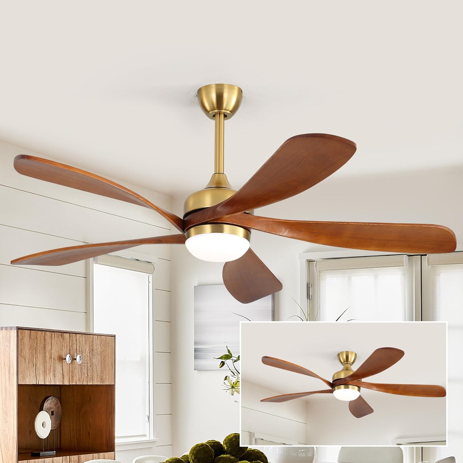 52" Smart Ceiling Fan, Indoor/Outdoor Ceiling Fans with Lights and Remote, 3-Color Light 6-Speed Timing Reversible DC Motor for Bedroom Living Room Patio,Walnut