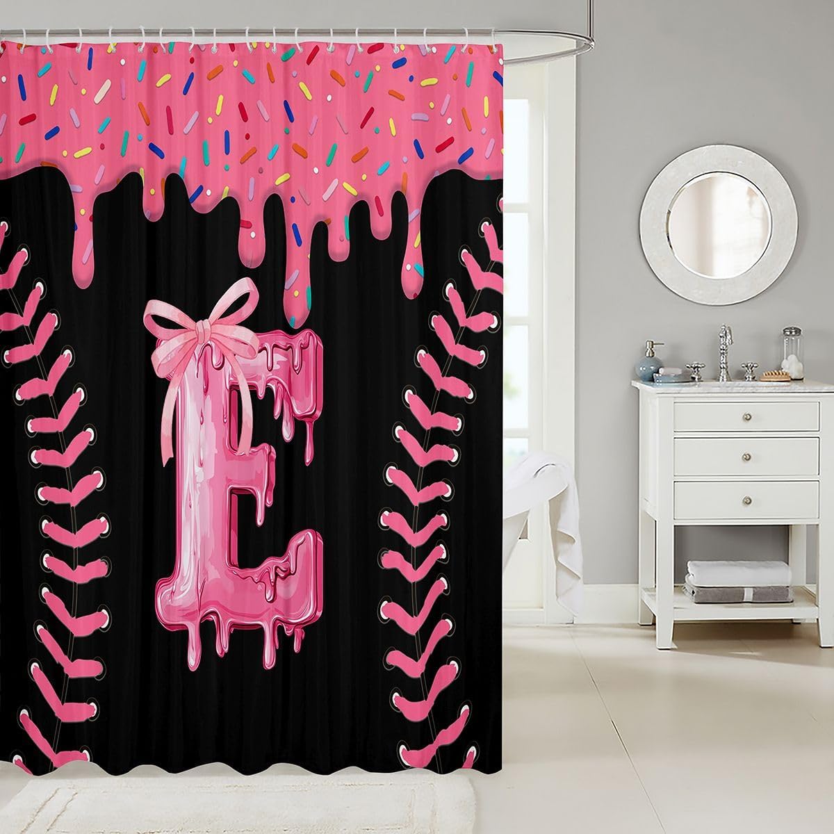 Erosebridal Black Pink Ice Cream Drip Bathroom Curtain Letter E Bow Shower Curtain 72" W X 72" L Baseball Ice Cream Bathroom Accessories for Kids Adults Ball Game Sports Fabric Shower Curtains image 2