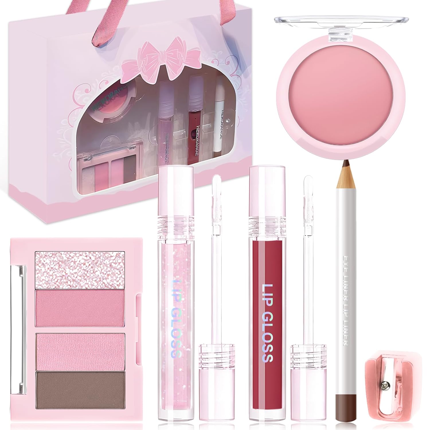 Makeup Kit: Brown Lip Liner and Gloss Set Pink Eyeshadow Palette Cream Face Blush Shimmer Liquid Lipstick Matte Glitter Eyes Shadow Eyeliner Pencil Travel Make Up Present For Women