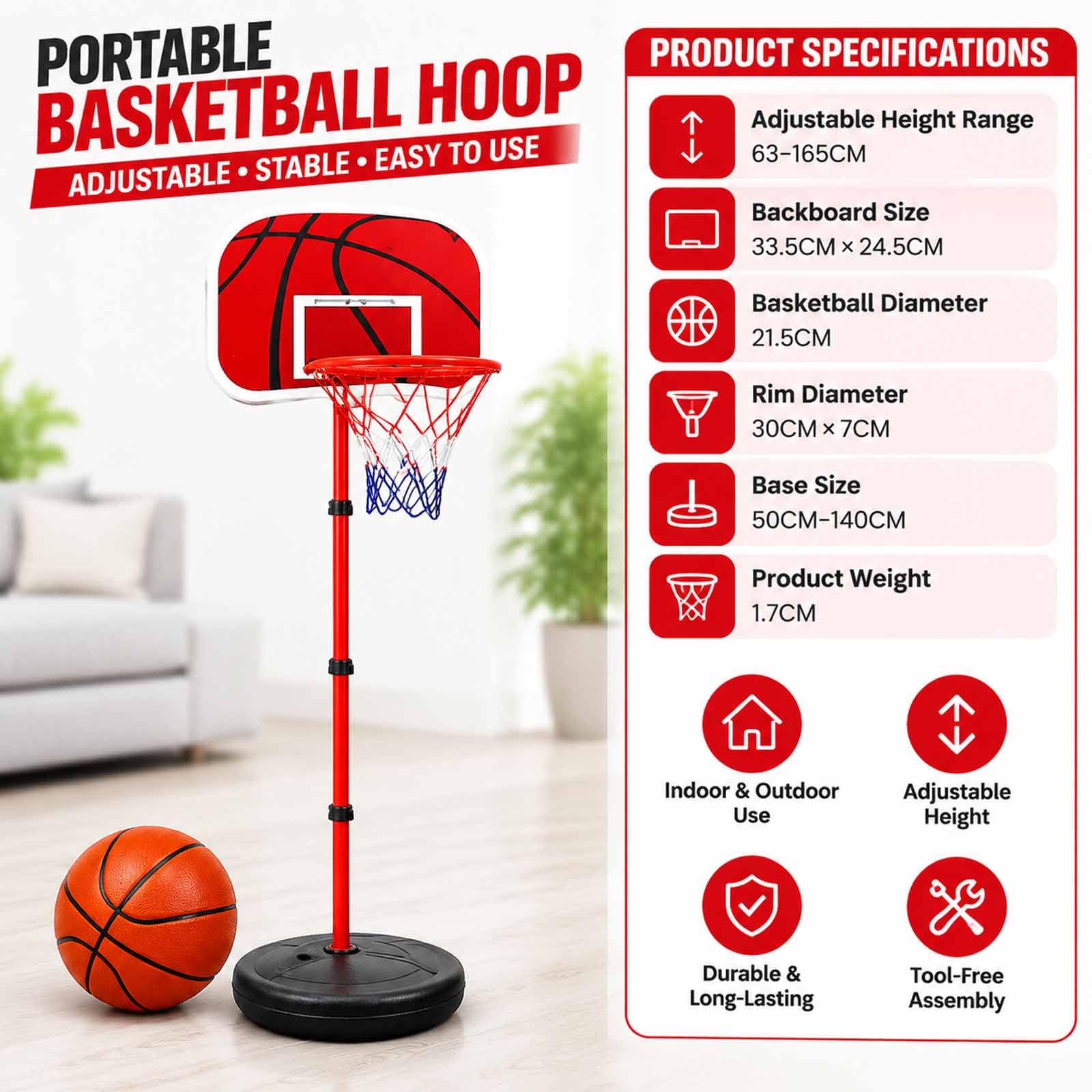 Aro de Baloncesto portátil, Altura Ajustable de 63-165 cm