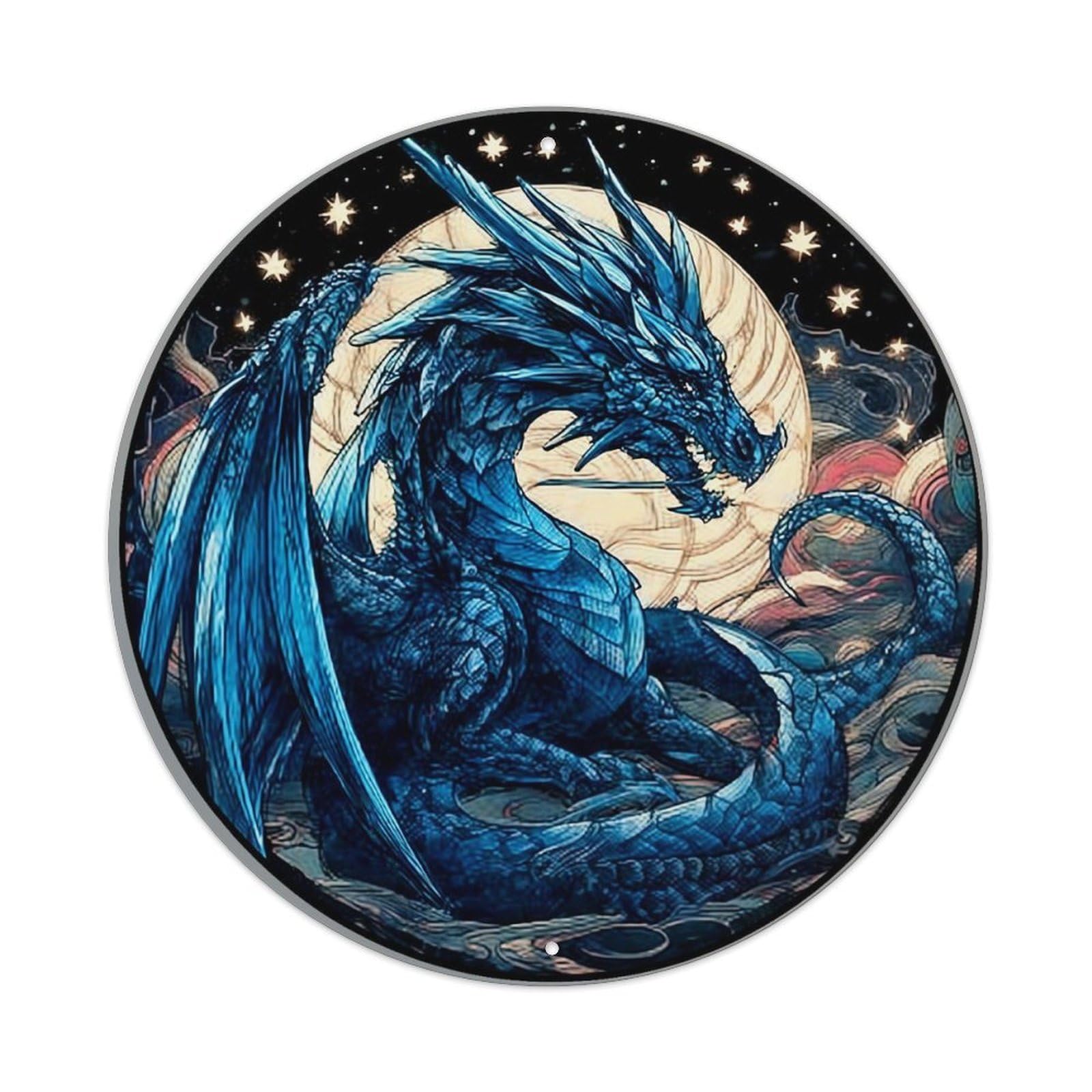 Blue Dragon Moon Star Pattern Vintage Metal Tin Sign Retro Wall Decor for Home Bar Garage Cafe, Indoor & Outdoor Decorative，circle Metal Poster, 8x8 Inch