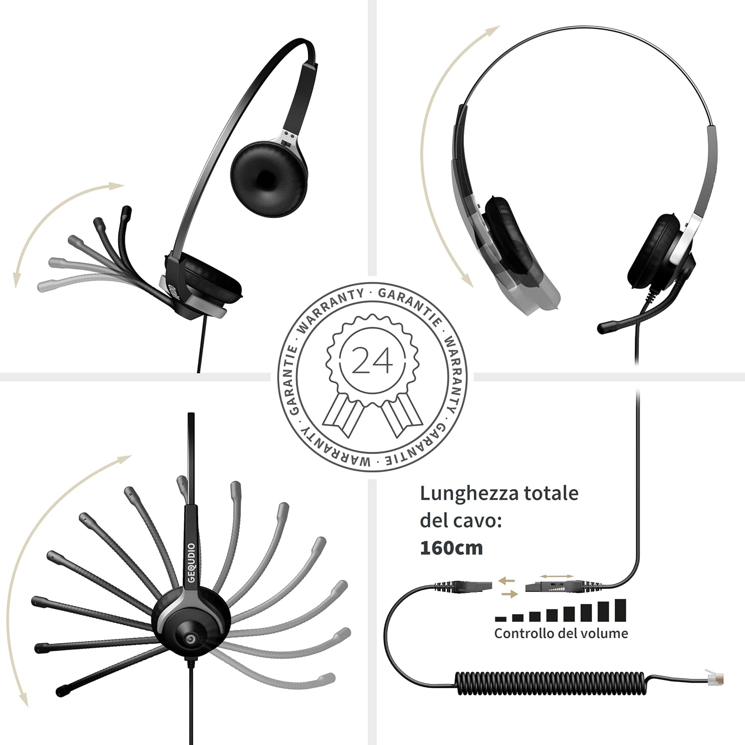GEQUDIO WA9022 Headset showing adjustable microphone arm, headband, cable length, and volume control.
