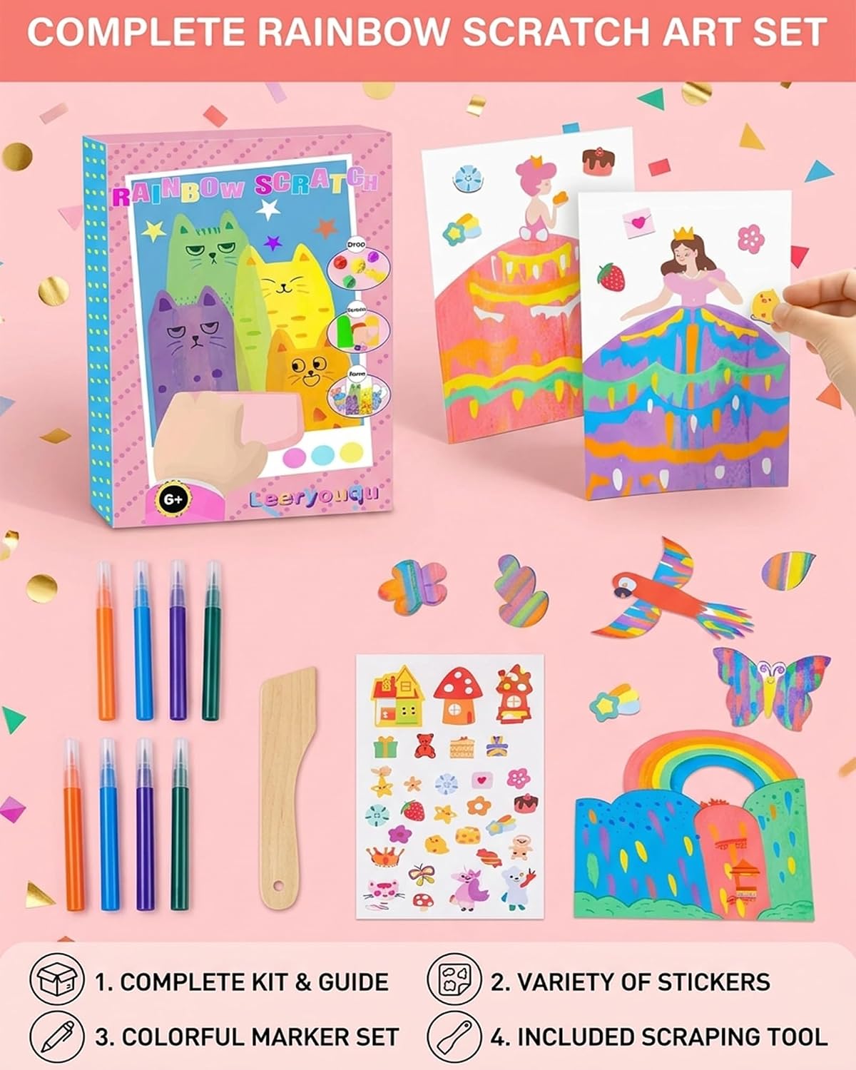 Creative Rainbow Scratch Art Postcard Set, Upgrade Magic Squeegee Art Craft Kit, Include 20 Premium Scratch Paper Sheets with 7-Color Tools Stickers, Magic Dot Painting Party DIY Gifts(2sets)