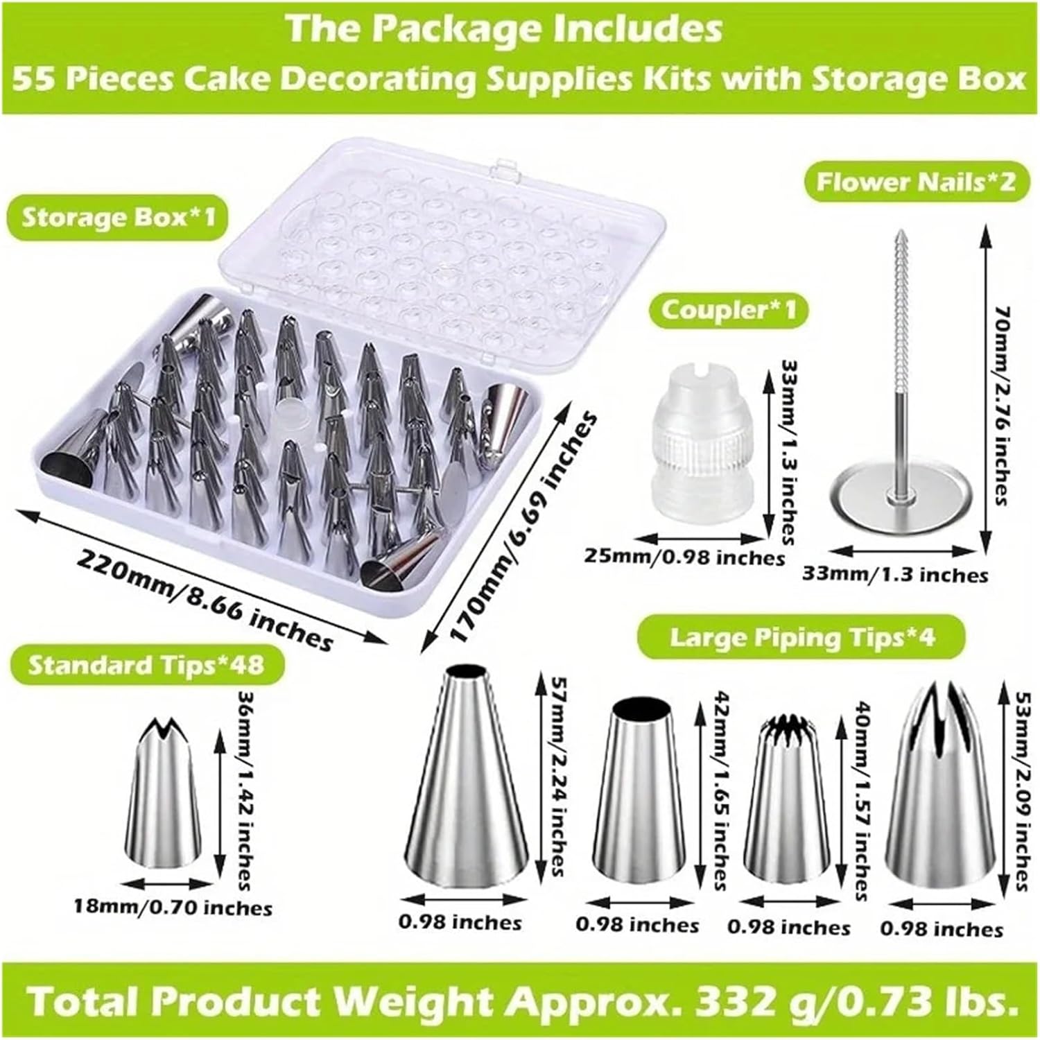 55pcs Cake Decorating Supplies Set With 4 Large & 48 Standard Stainless Steel Piping Tips