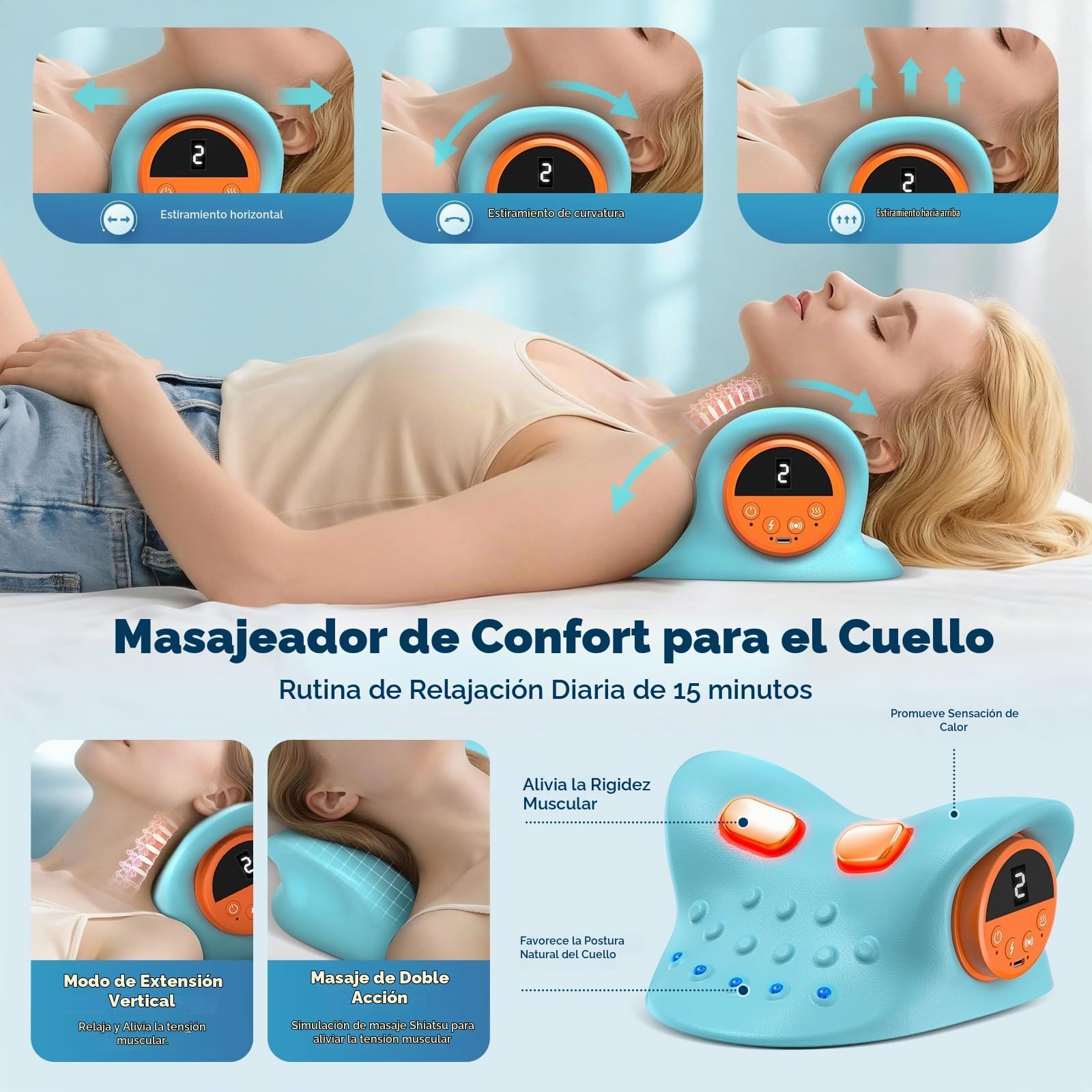 Nueva Almohada Cervicales y Cuello 2026,Almohada Cervicales y Cuello 3 En 1 | Con 3 Niveles De Compresión Caliente y Vibración, 9 Niveles De Intensidad,Operación De Control Remoto De 360 Grados