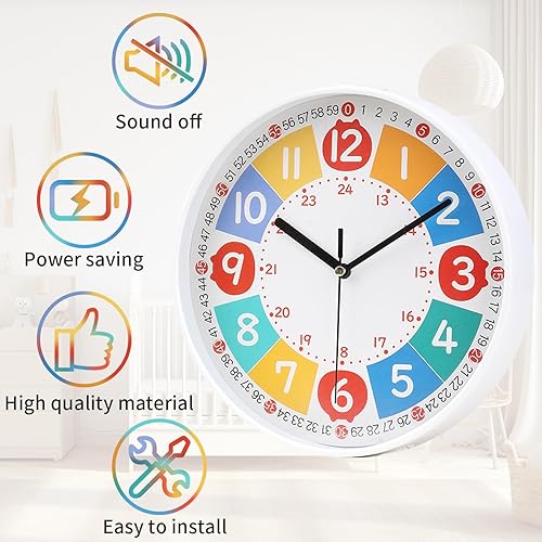 Miniatura 3 de Reloj de pared moderno y colorido para niños, pequeño, analógico, silencioso, redondo, simple, silencioso, de cuarzo, negro, funciona con pilas, sin