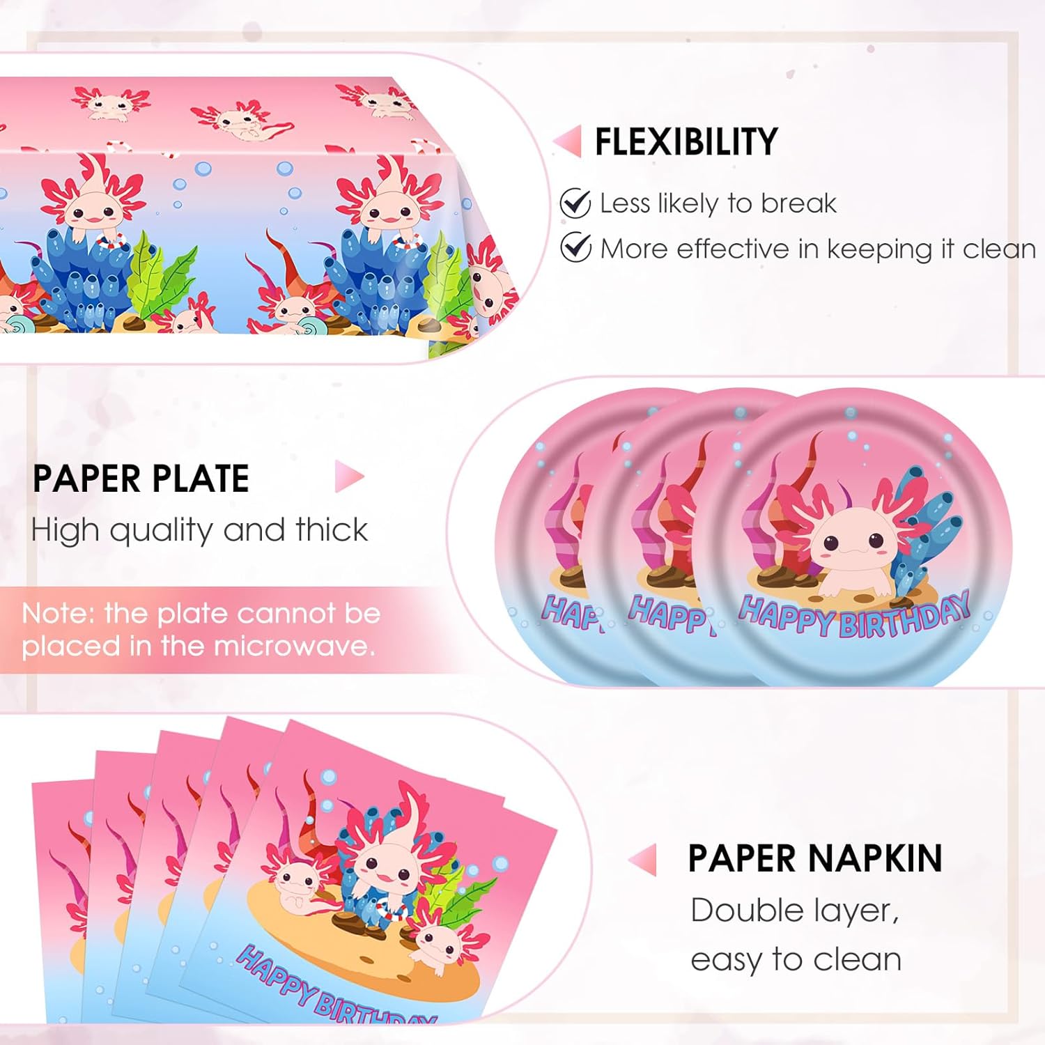 41Pcs Axolotl Party Decorations, Reptile Animals Party Tableware Set Include Axolotl Napkins, Plates and Tablecloth Boys Girls Baby Shower Birthday Decorations Supplies - Image 3