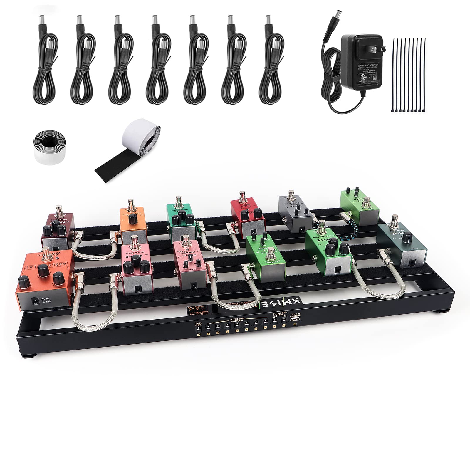 Kmise Large 24.02''x 12.4''x 1.38'' Guitar Pedal Board with Built-in Power Supply Effect, Ten Front Pluggable Power Ports with Effect Power Rack, Power Plug, Pedal Cable,Sticker, Hook Loop Tape