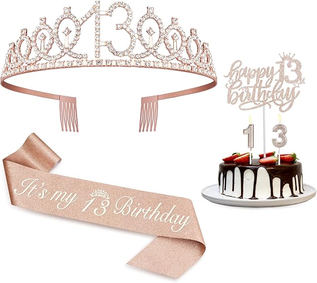 Amosking Rose Gold 13th Birthday Decorations for Girls,13th Birthday Sash,Crown/Tiara,Candles,Cake Toppers,13th Birthday Gifts for Girls,13 Year Old Official Teenager Happy Birthday Decorations
