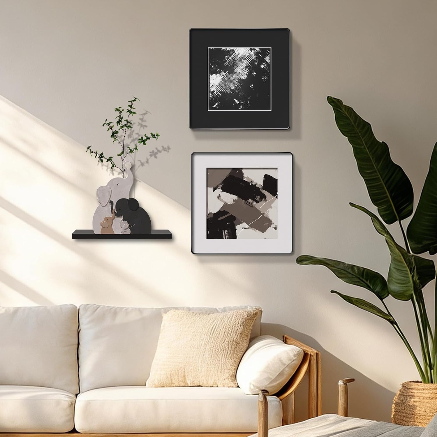 3-piece Bohemian gallery wall decoration set, 2 high-definition crystal porcelain frame abstract prints+wooden elephant sculptures+artificial green plants, soft black border frame, minimalist wall art for living room and bedroom entrances