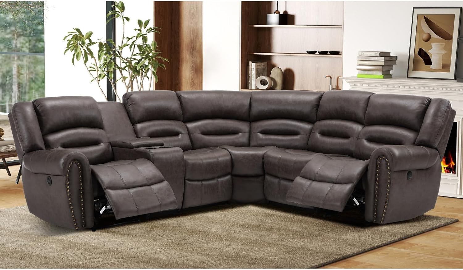 EBELLO L-Shaped Power Reclining Sectional Sofa Set, Faux Leather Corner Couch Home Furniture Set with Storage Console, Cup Holders, USB Port(Dark Brown,Sofa with Recliner)