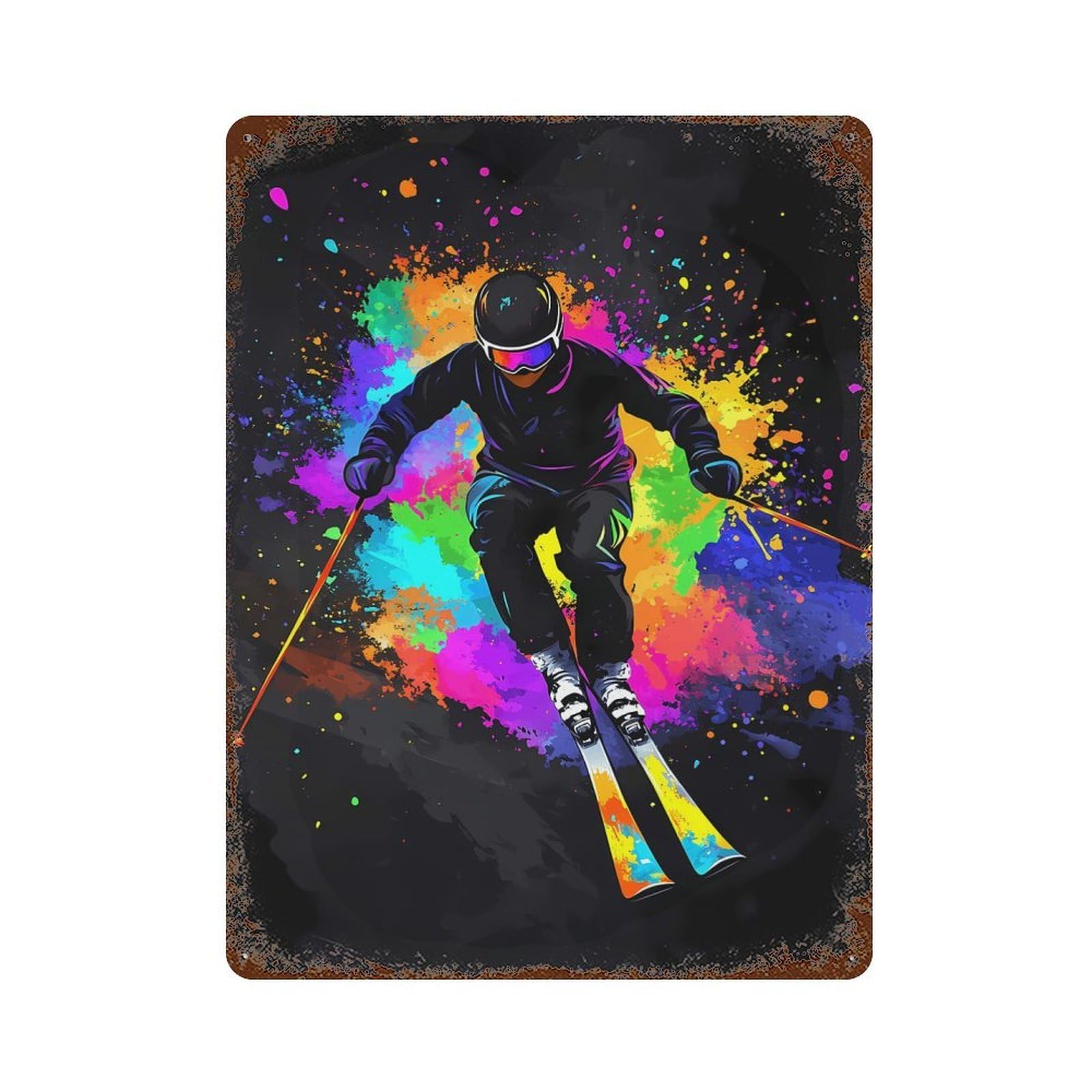 Skier in Colorful Splash 15.7"x11.8" Vintage Rust Metal Sign, Shabby Chic Decor for Garage, Bar And Workshop Decor