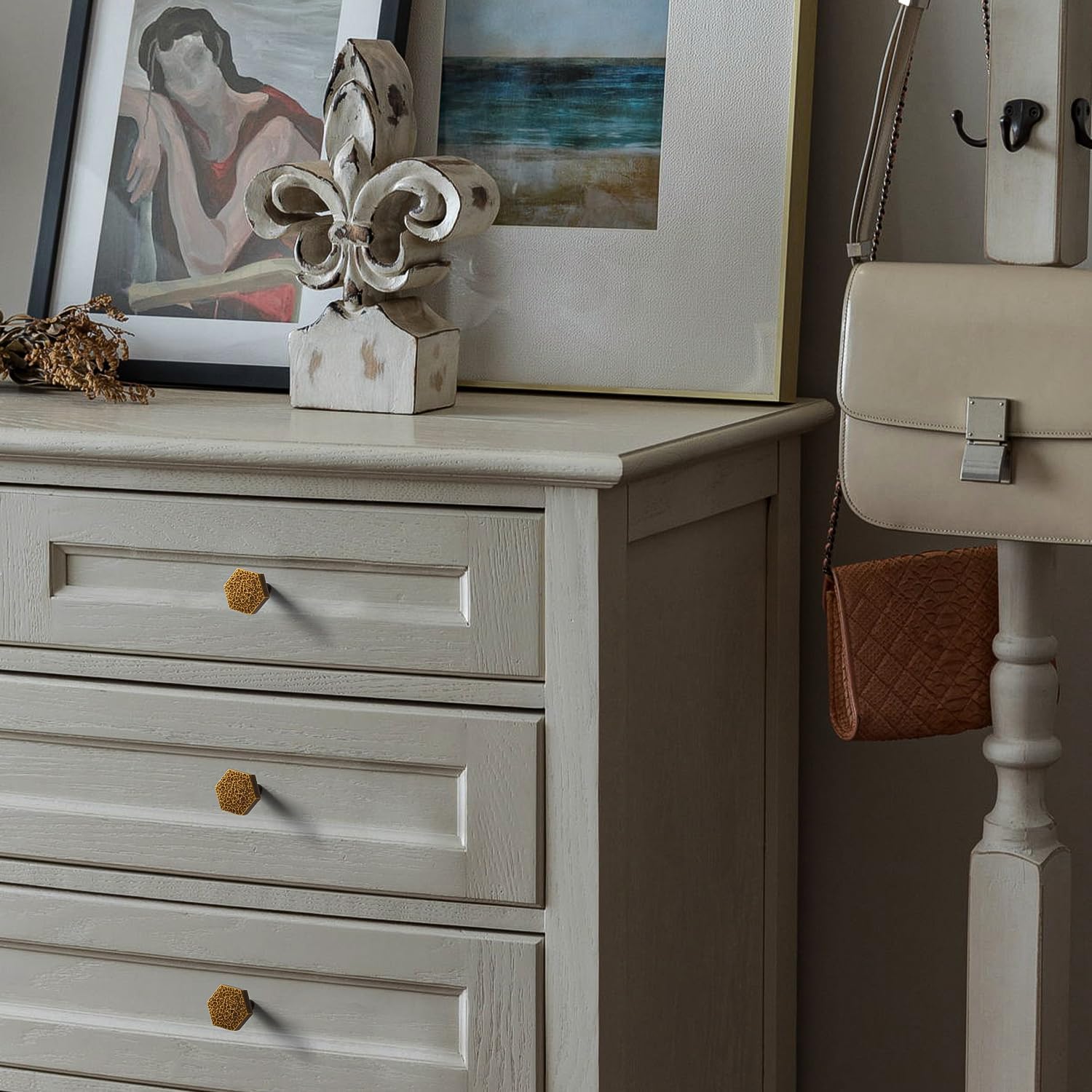 10 Pack Cabinet Knobs Antique Brass Kitchen Drawer Knobs Hammered Hexagon Dresser Pull, S