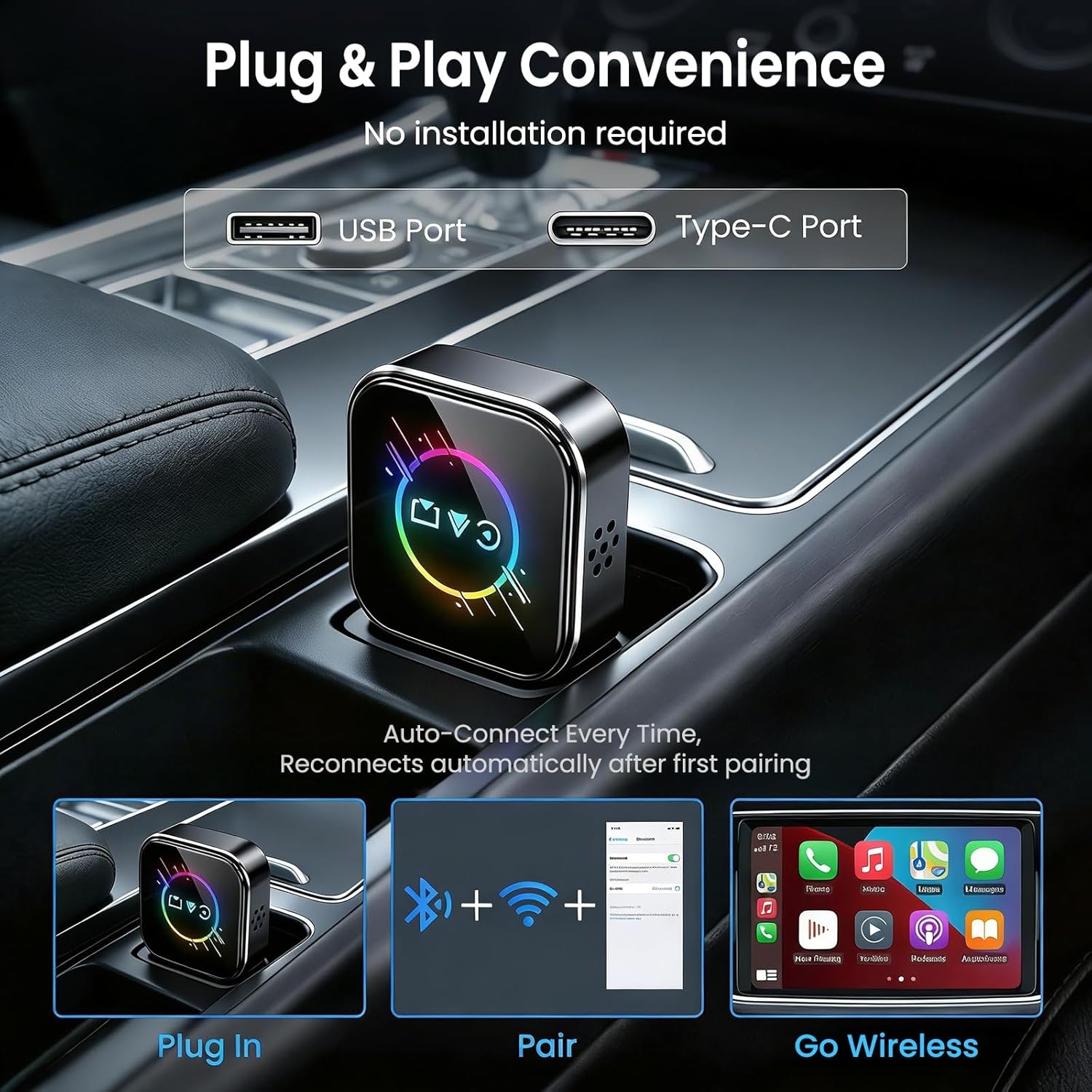 ELECROW Wireless CarPlay Adapter for iPhone＆Android - 3 in 1 Dual Band WiFi 2.4G/5G & Bluetooth 5.3 Airplay Mirror Link CarPlay Dongle with USB-A/Type-C Port, Plug & Play, OTA Update