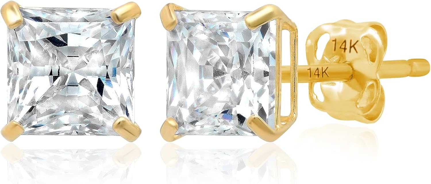 14K Gold Princess Cut CZ Stud Earrings for Women & Men | Anti Tarnishing Cubic Zirconia Earrings Studs with 14K Gold Butterfly Backs | 4MM 5MM 6MM 7MM CZ Gold Earrings by MAX + STONE
