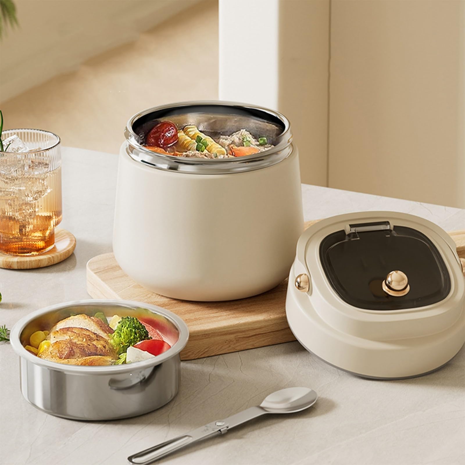 Vnook Edelstahl Thermische Lunchbox, Isolierter Lebensmittelbehälter, Thermoschüssel, mit Löffel+Handtasche, Auslaufsicher, für Büro Mittagessen, Suppen, Porridge(Green,1.2L)
