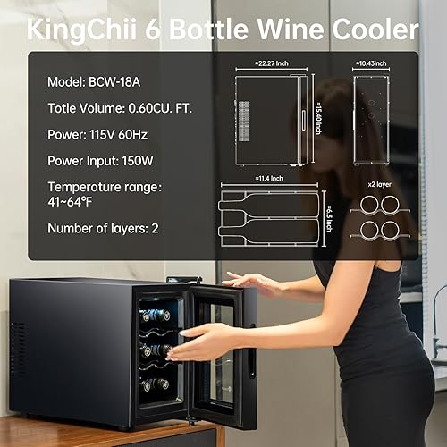 Miniatura 6 de KingChii Enfriador de vino termoeléctrico de 6 botellas, tecnología de enfriamiento avanzada, acero inoxidable y vidrio templado para vino tinto,