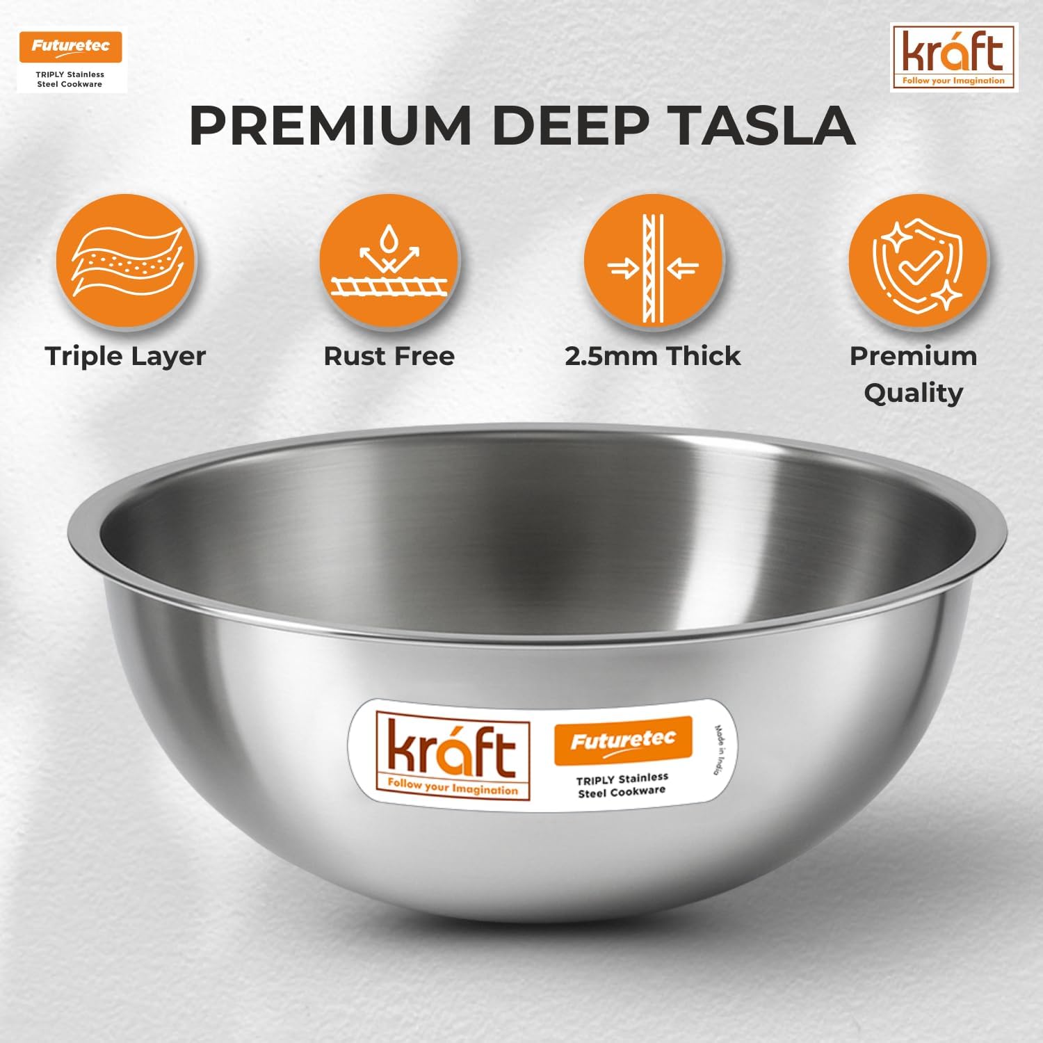 Kraft- follow your imagination Futuretec Triply Stainless Steel Extra Deep Tasla - 16 cm with 0.9 litres Capacity (Gas Stove and Induction Friendly) BPA and PFOA Free, Silver - 5 Years Warranty