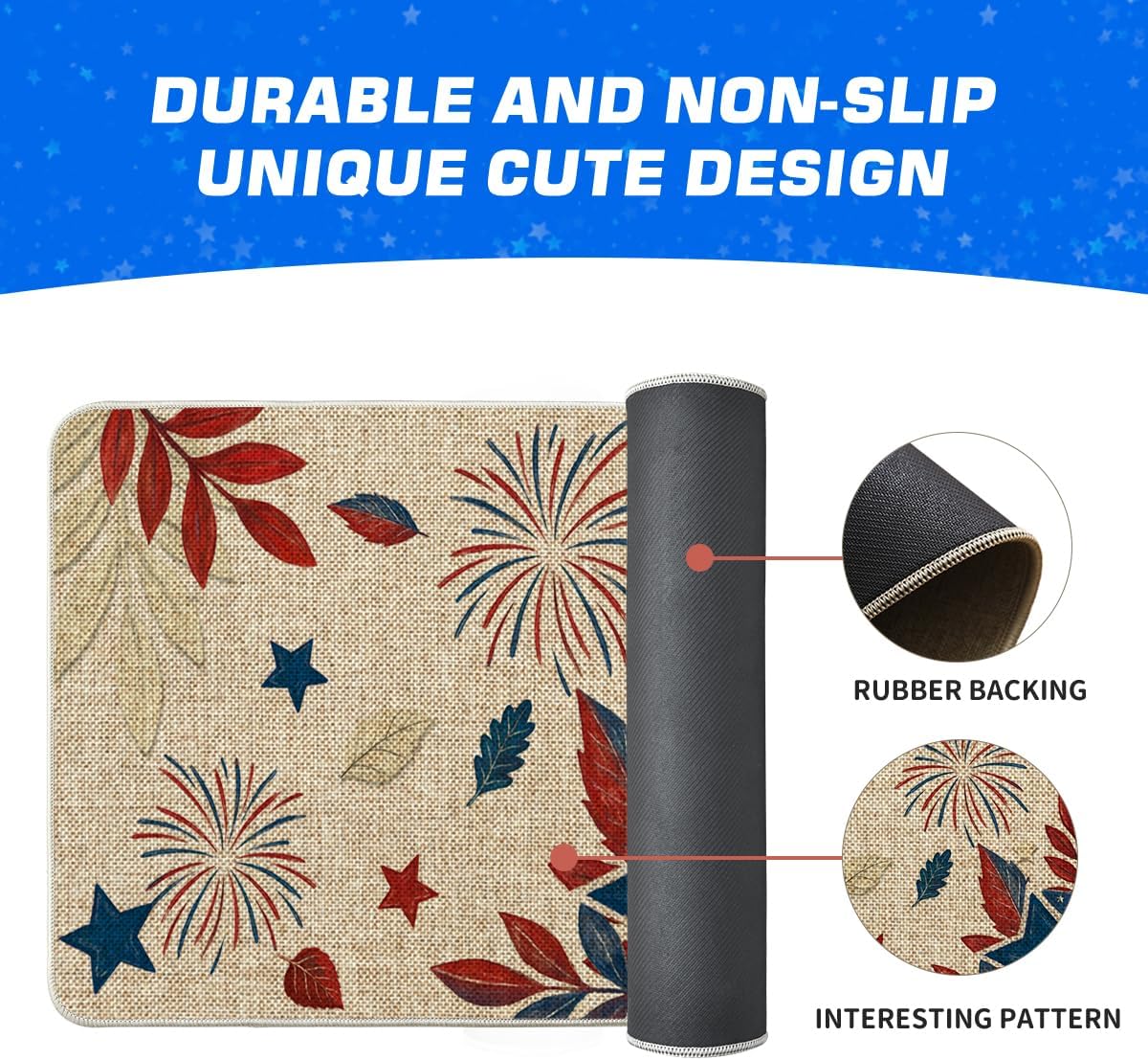 Artoid Mode Star Leaves Firework 4TH of July Doormat, Patriotic Memorial Day Home Decor Low-Profile Switch Rug Door Mat Floor Mat for Indoor Outdoor 17x29 Inch