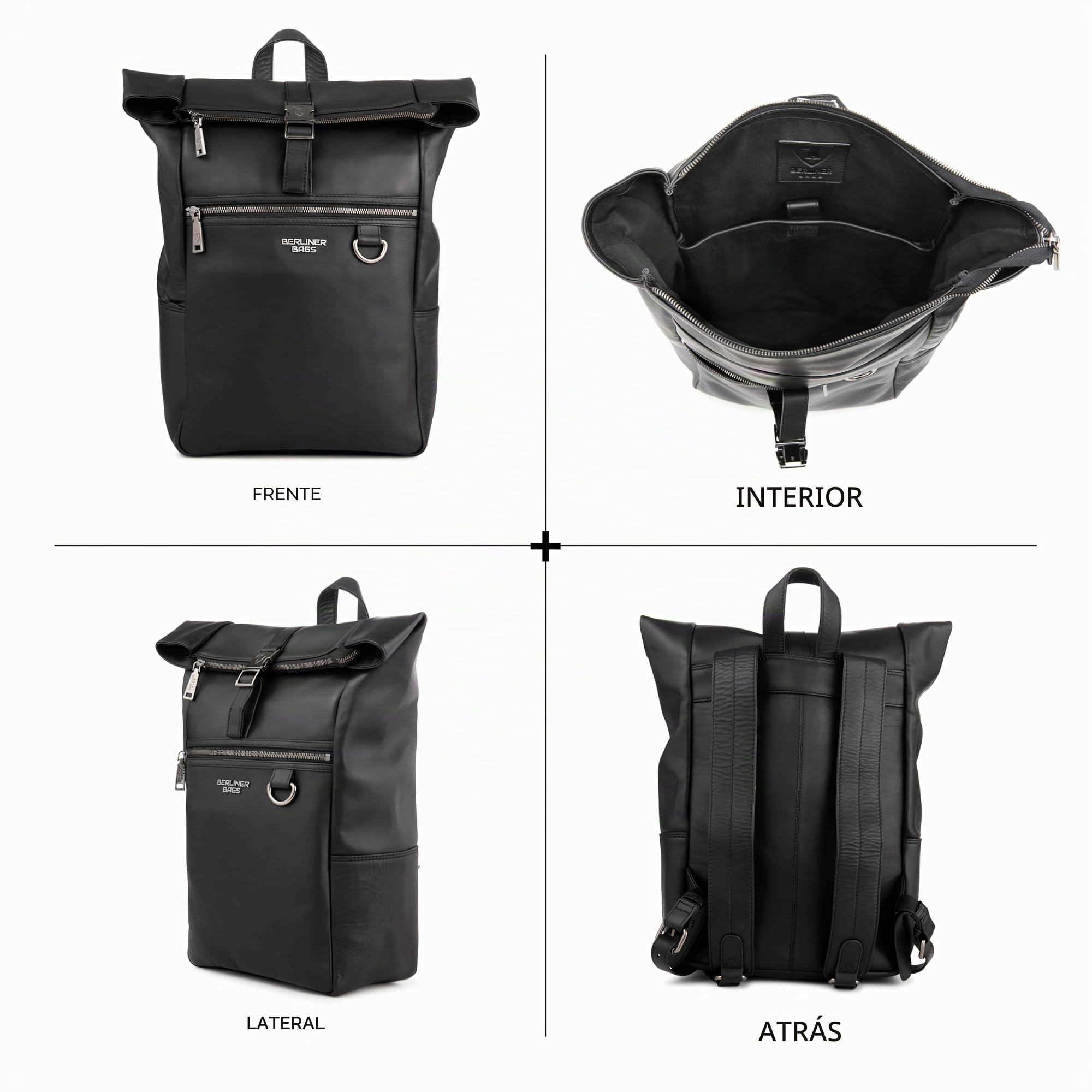 Berliner Bags Harlem Mochila de Piel Auténtica Impermeable con Diseño Rolltop y Funda para Portátil de 15”, Mochila Ejecutiva para Hombre y Mujer – Negro