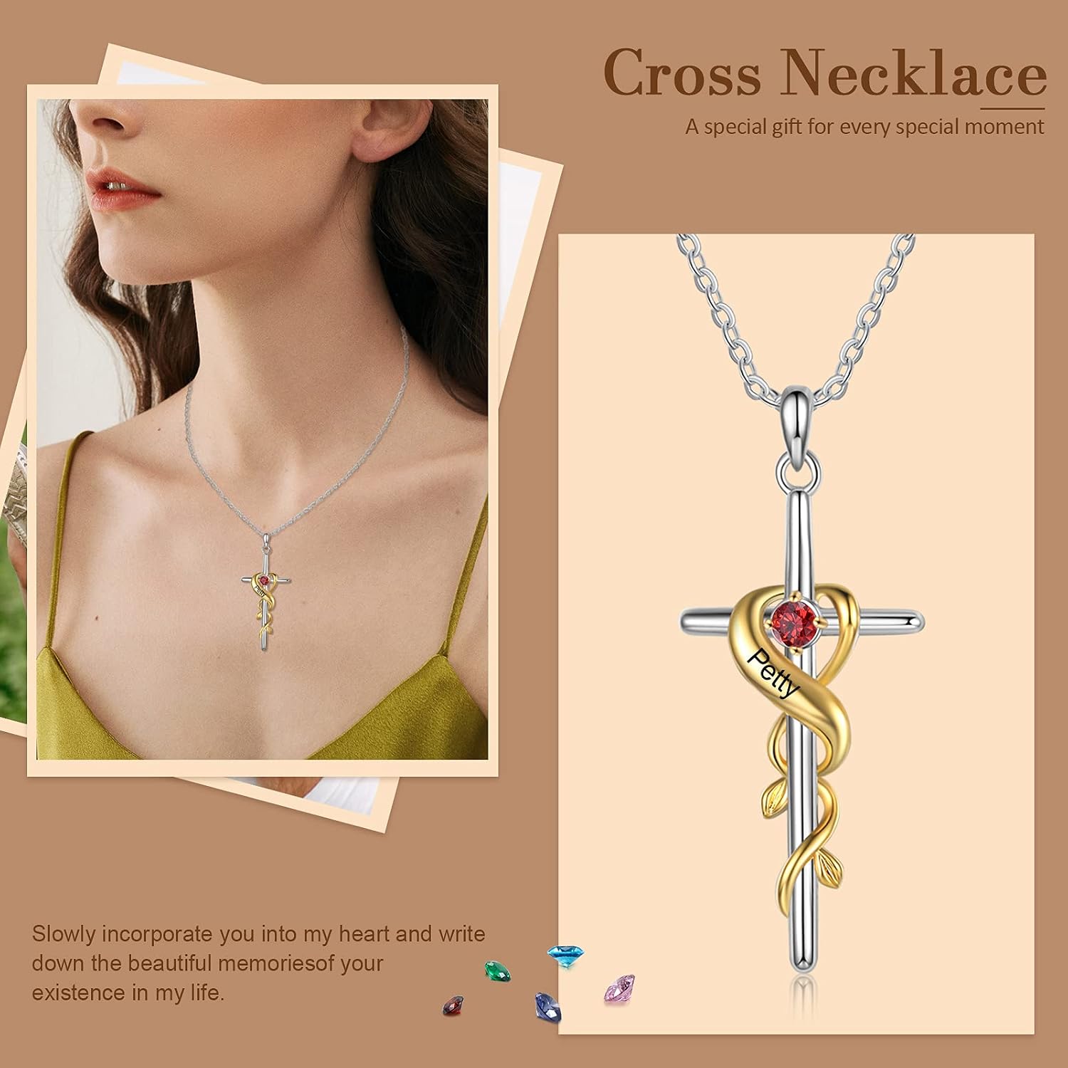 Nameinhea Personalize Cross Necklaces for Women Dainty Cross Necklaces with 1-3 Birthstones Faith Necklace Engravable Names Necklace