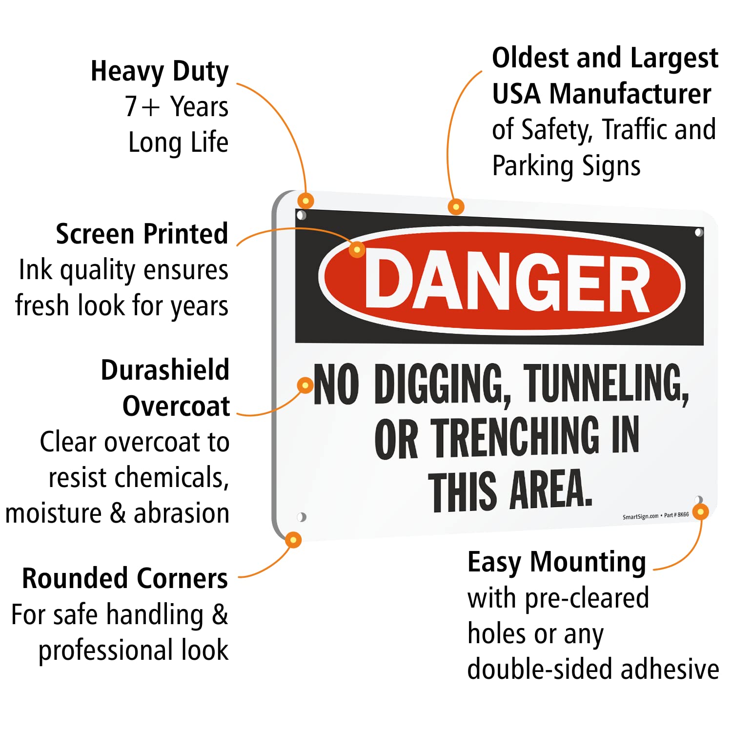 SmartSign "Danger - No Digging, Tunneling, Or Trenching in This Area" Sign | 7" x 10" Aluminum