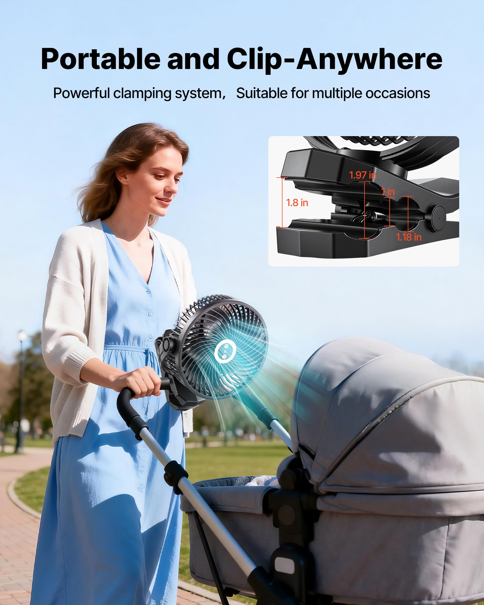 VEVOR Ventilador Portátil con Clip con Luz LED 2 Niveles, Batería 37 Wh, 4 Velocidades 3 Fijas y 1 Modo de Circulación, Control Táctil, Ventilador con Pinza USB-C para Viaje Camping Escritorio Oficina