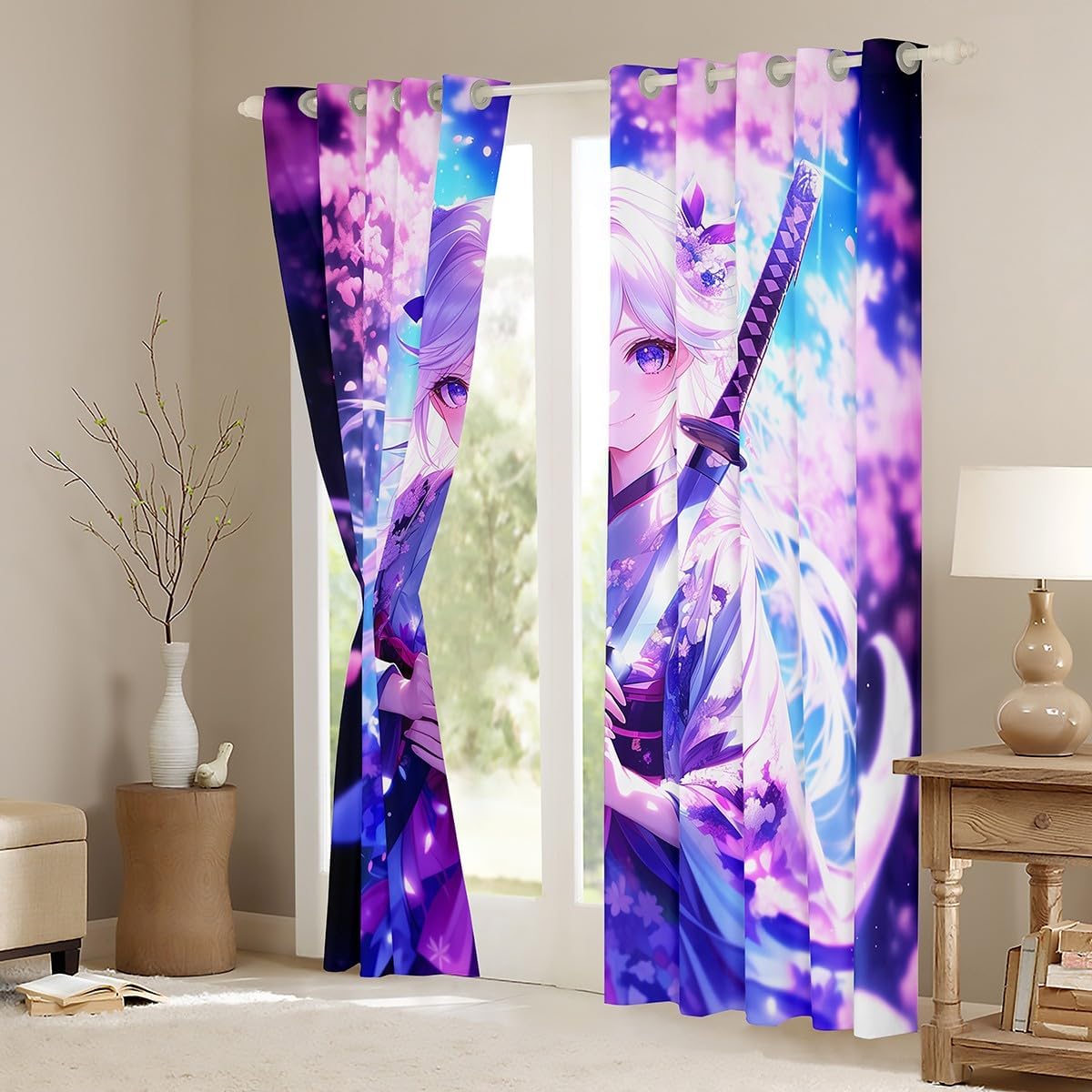 Erosebridal Anime Girl Window Curtains 2 Panel Sets for Kids,Kawaii Japanese Anime Window Treatments Drapes Cartoon Girl Blackout Curtains 38" Wx54 L Sci Fi Japanese Animation Decor for Living Room