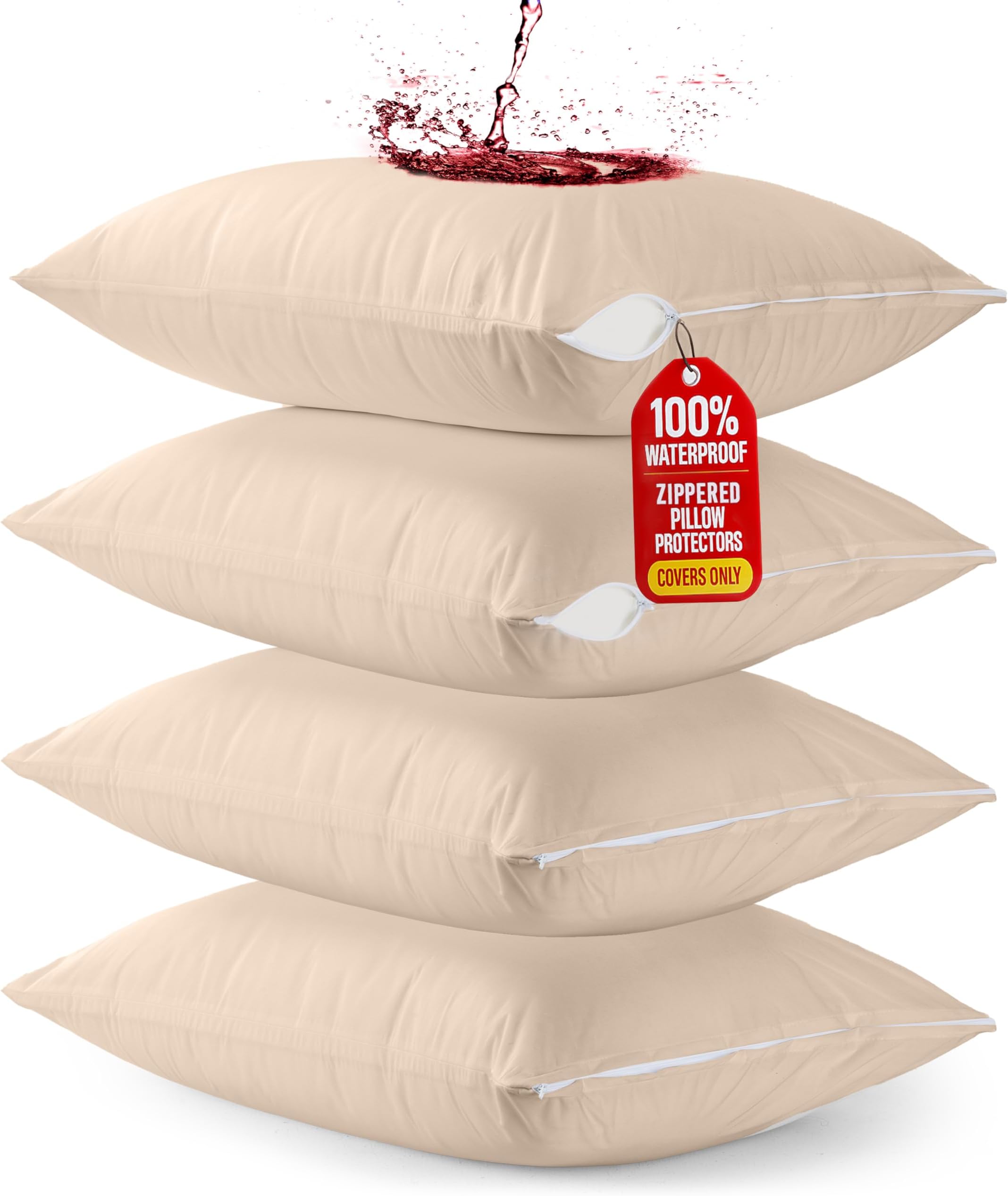 Utopia Bedding 4 Pack Waterproof Pillow Protectors with Zipper Queen Size (Beige), Bed Bug and Dust Mite Proof Pillow case Covers, Moisture Wicking Pillow Encasements 20 x 28 Inches
