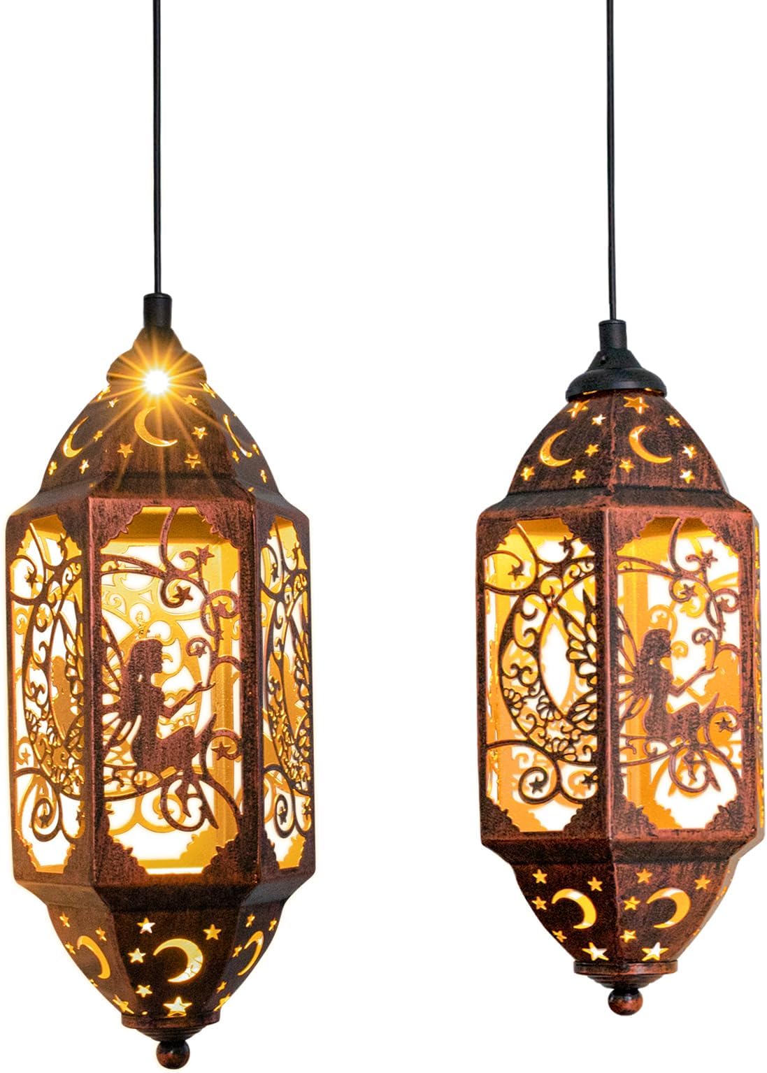 Go2garden Solar Hanging Lanterns Outdoor Waterproof, Big Fairy Moon Metal Decorative Solar Lights for Patio, Yard, Pathway, Garden Décor, Birthday Gifts for Mother, Mom (2Pack, Red Copper)