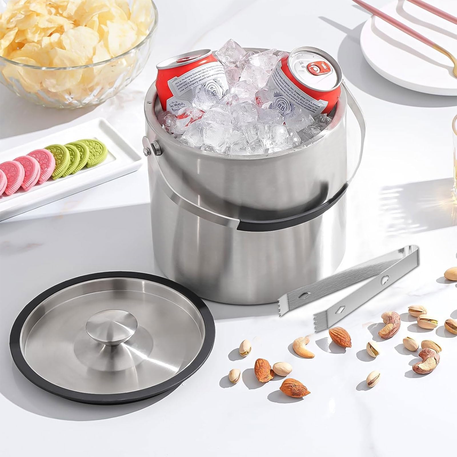 Contenitore per ghiaccio in acciaio inox, 3 l, con coperchio ermetico, colino e pinza per ghiaccio, a doppia parete, ideale per raffreddare birra, champagne e frutta