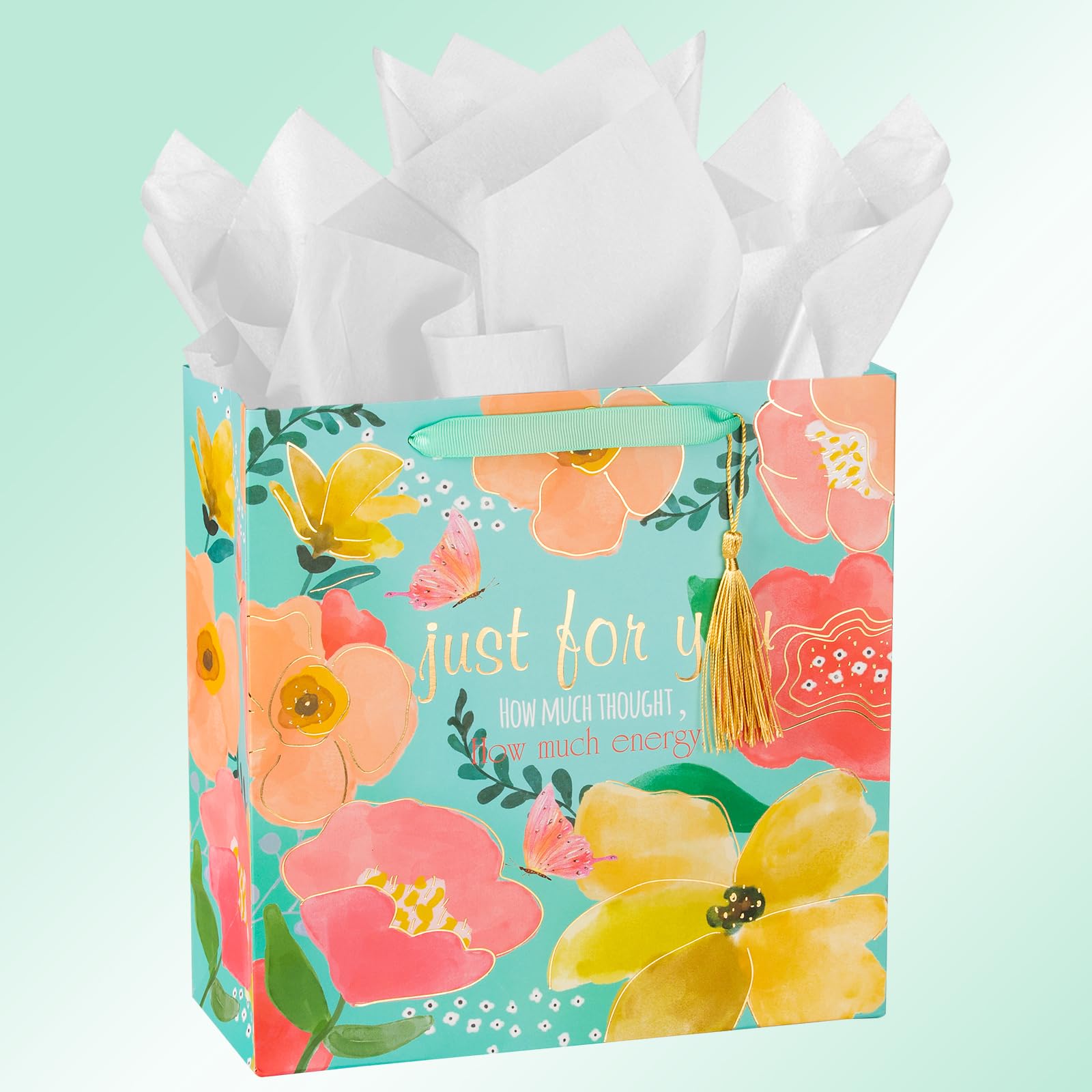 Homeral 10" Floral Square Gift Bag - Tiffany Green with Gold Foil Colorful Flowers for Valentines Day, Mothers Day, Birthday - 1 Pcs, 10" x 10" x 4"