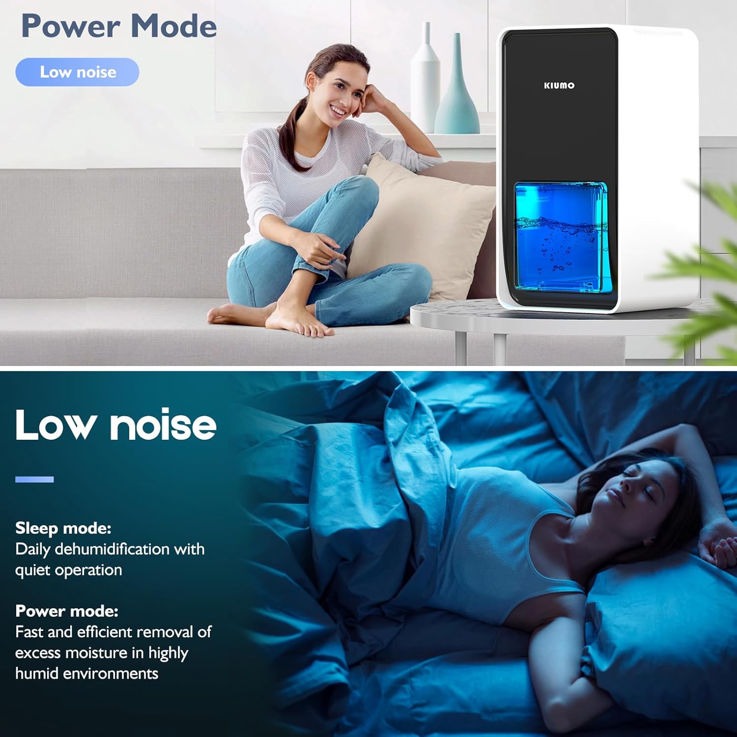 Kiumo Dehumidifier in use, showing 'Power Mode' and 'Low noise' (Sleep mode) for different environments.