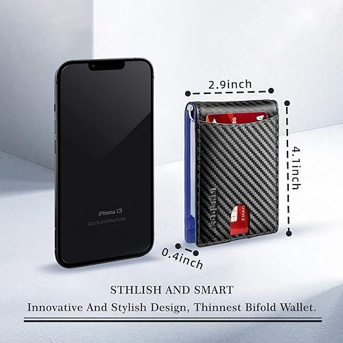 Miniatura 7 de RUNBOX Cartera delgada para hombre, de piel auténtica, bloqueo RFID, plegable, minimalista, bolsillo frontal, con clip para dinero, caja de regalo