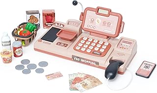 Kids Cash Register Toy Pretend Play Store Electronic Toy Set Classic Count Toy with Sound, Scanner Food Shopping Basket Pretend Credit Card Gift for Boys Girls 3 4 5 6 7 8 Years
